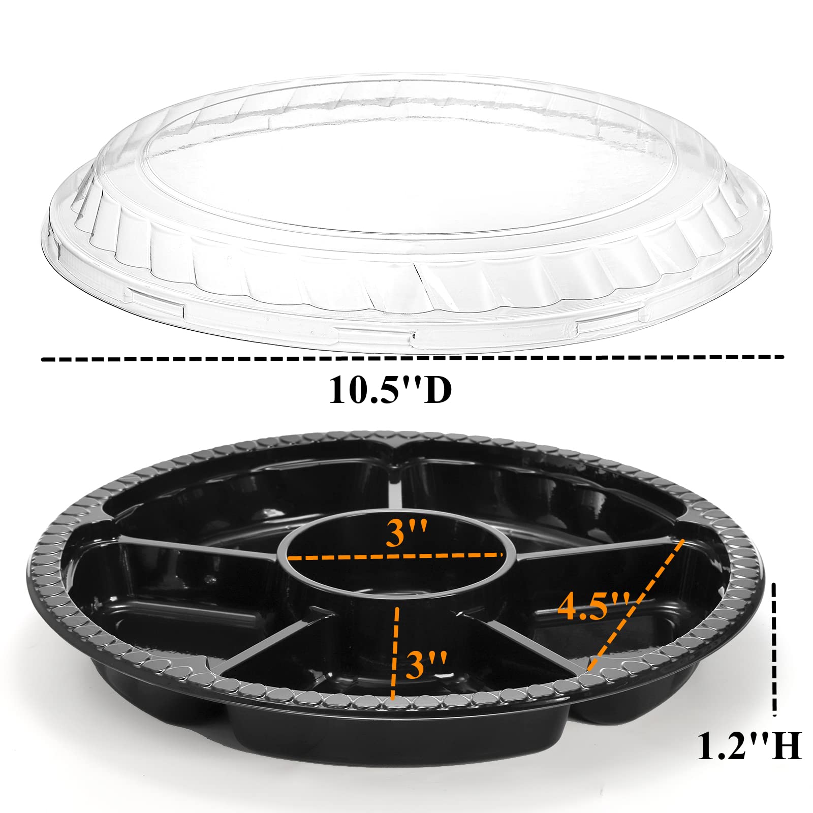 Lyellfe 30 Pack Plastic Appetizer Tray With Lid, Disposable Fruit Veggie Tray With 6 Compartment, 10.5 Inch Heavy Duty Snack Ser