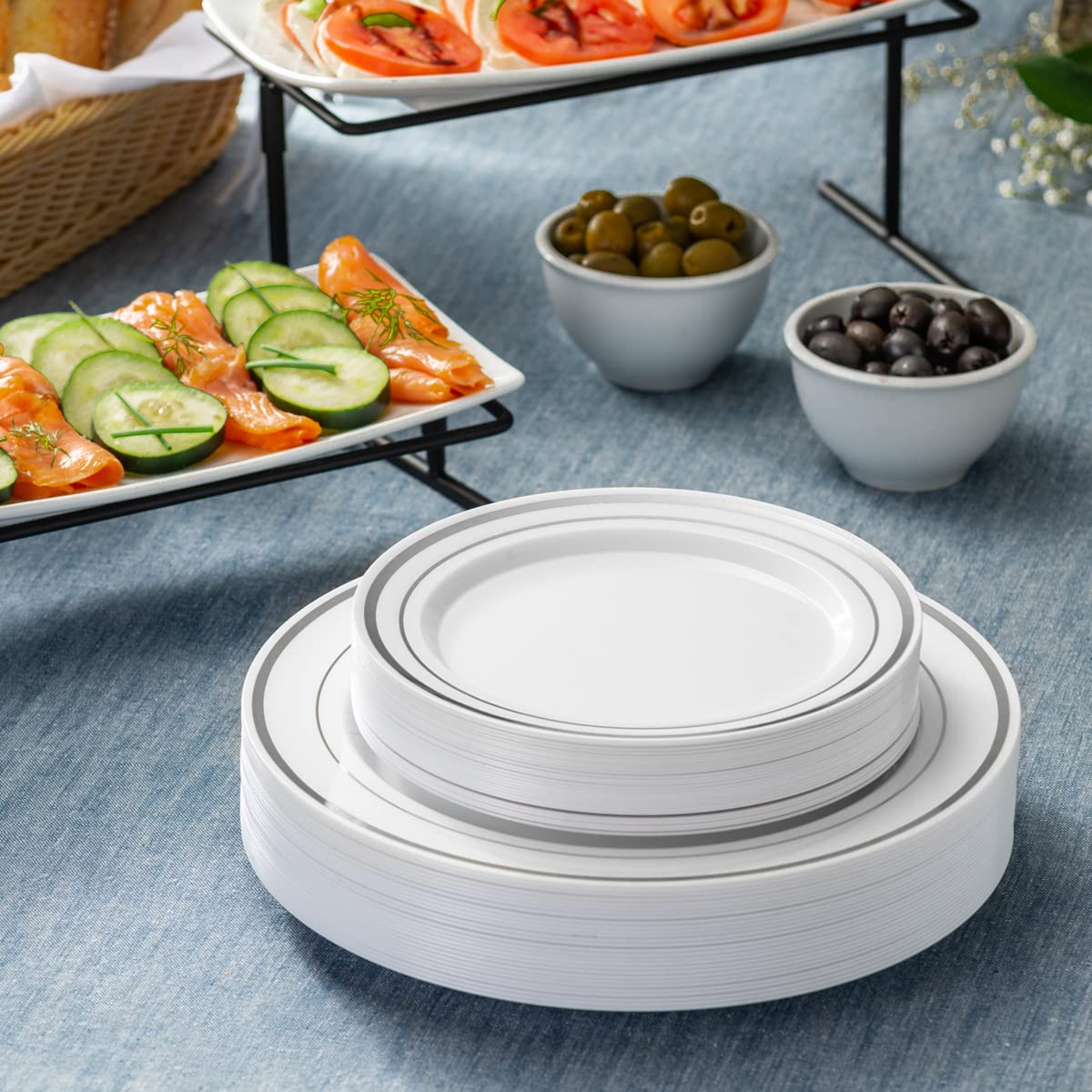 Setup [60 Piece Combo Silver Trim Plastic Plates - Premium Heavy-Duty 30 Disposable 10.25'' Dinner Party Plates And 30 Disposabl