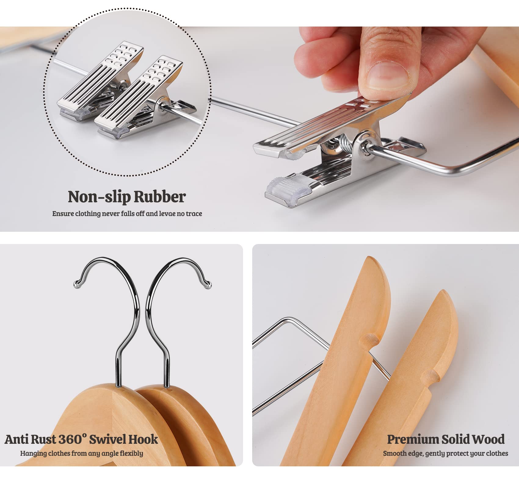 Hou  Sm 16Pack Wooden Hangers Skirt Hangers With Clips, Solid Wood Pants Hangers Natural Smooth Finish High-Grade Selected Wood