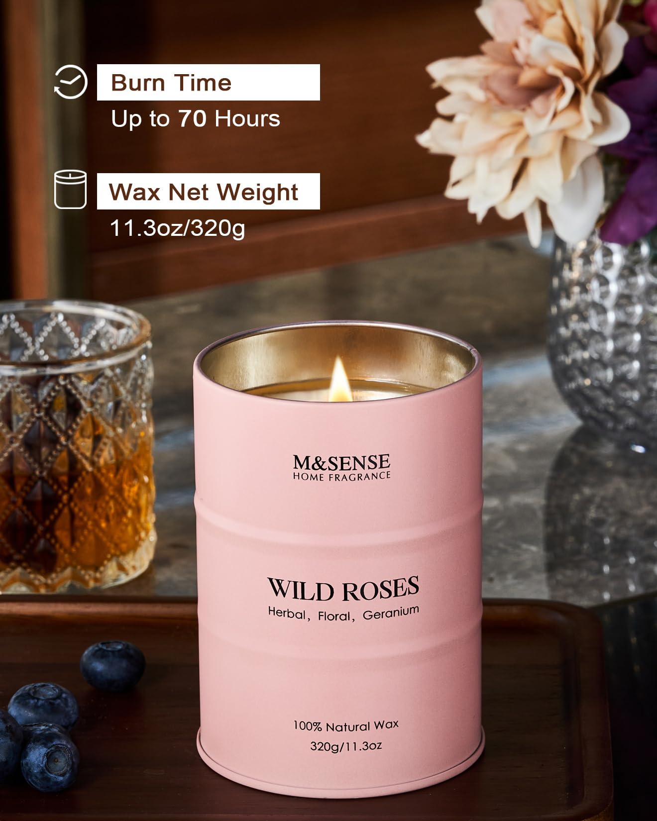 M&SENSE Wild Rose Natural Scented Candle, 70 Hours Long Lasting Soy Candles 11.3oz, Stress Relief Aromatherapy Candles for Women
