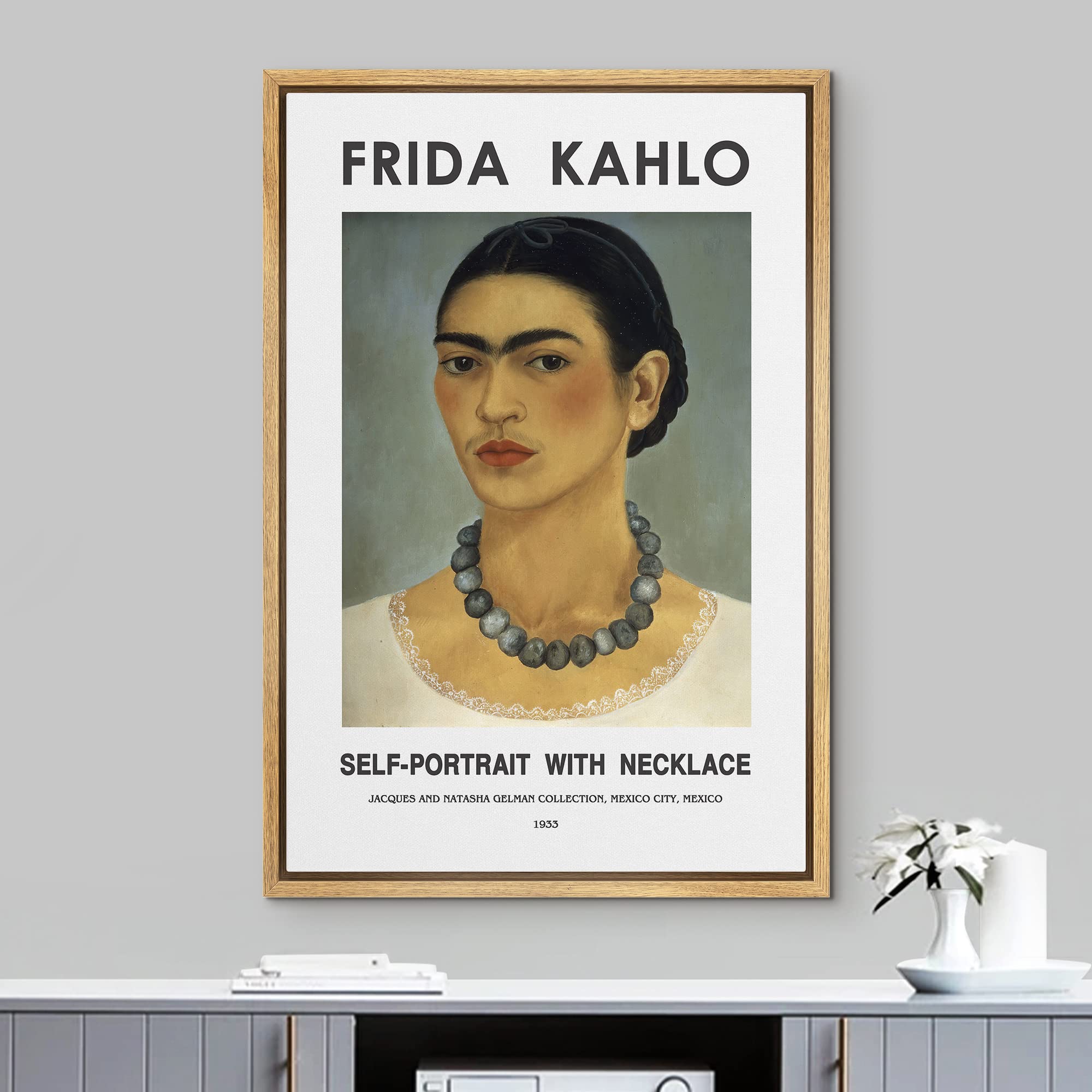 Idea4Wall Framed Canvas Print Wall Art Self-Portrait With Necklace By Frida Kahlo Historic Cultural Illustrations Fine Art Tradi