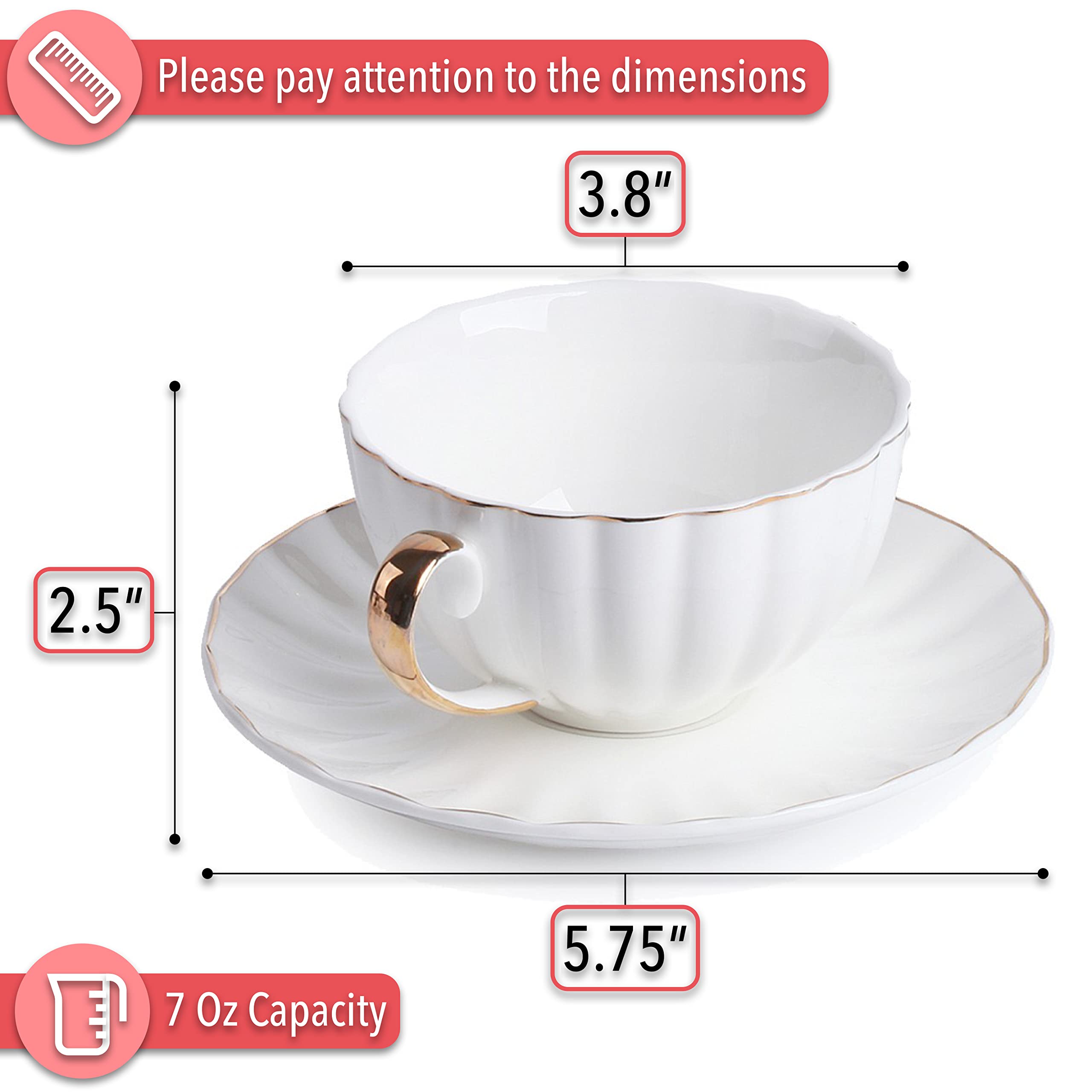 BTaT- White Tea Cups and Saucers Set of 6 (7 oz), Porcelain White Tea Cup Set with Golden Trim Design, Dishwasher Safe, Christma