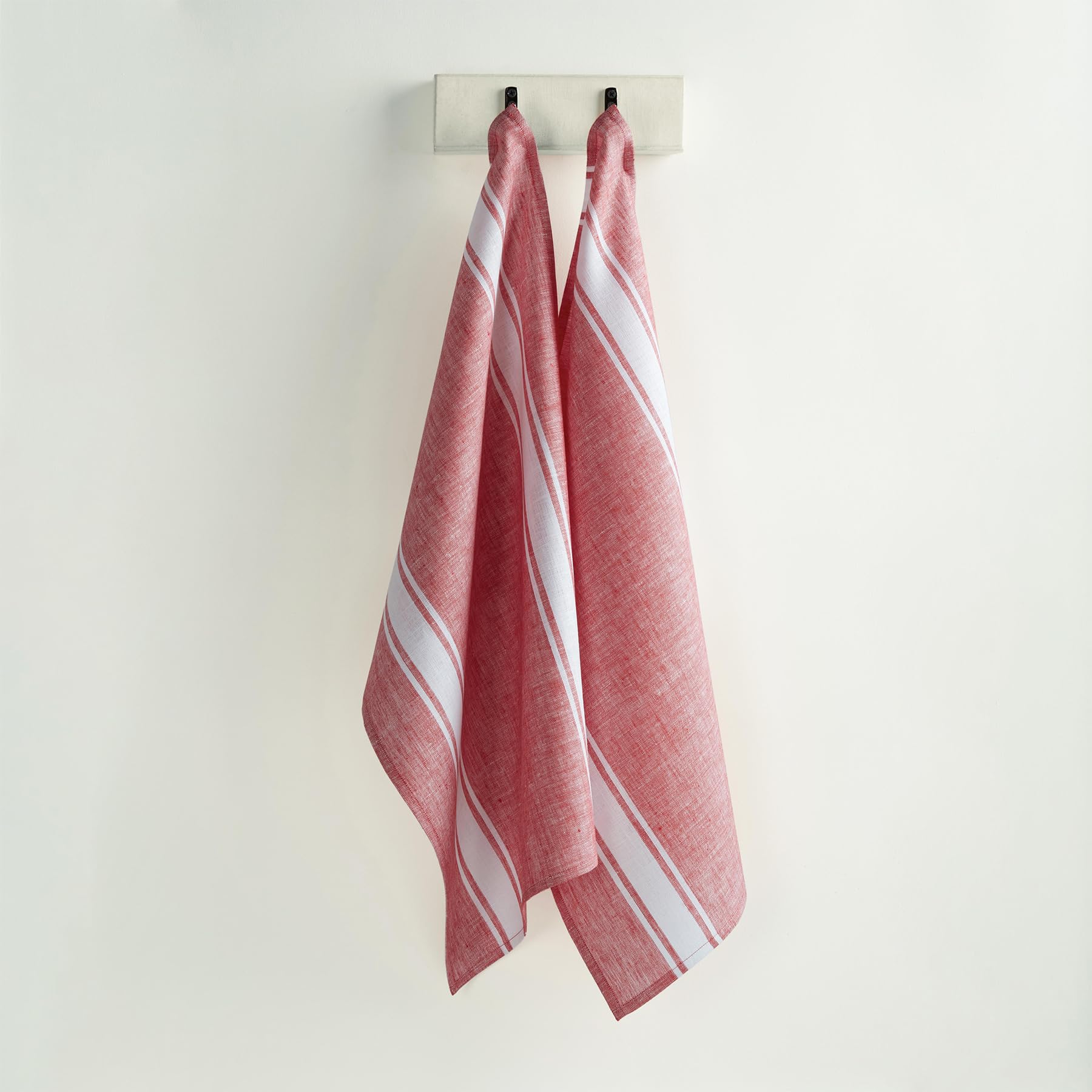 Solino Home Linen Kitchen Towels Set Of 2 - Red And White 17 X 26 Inch - 100% Pure Linen Farmhouse Stripe Kitchen/Tea Towels - M