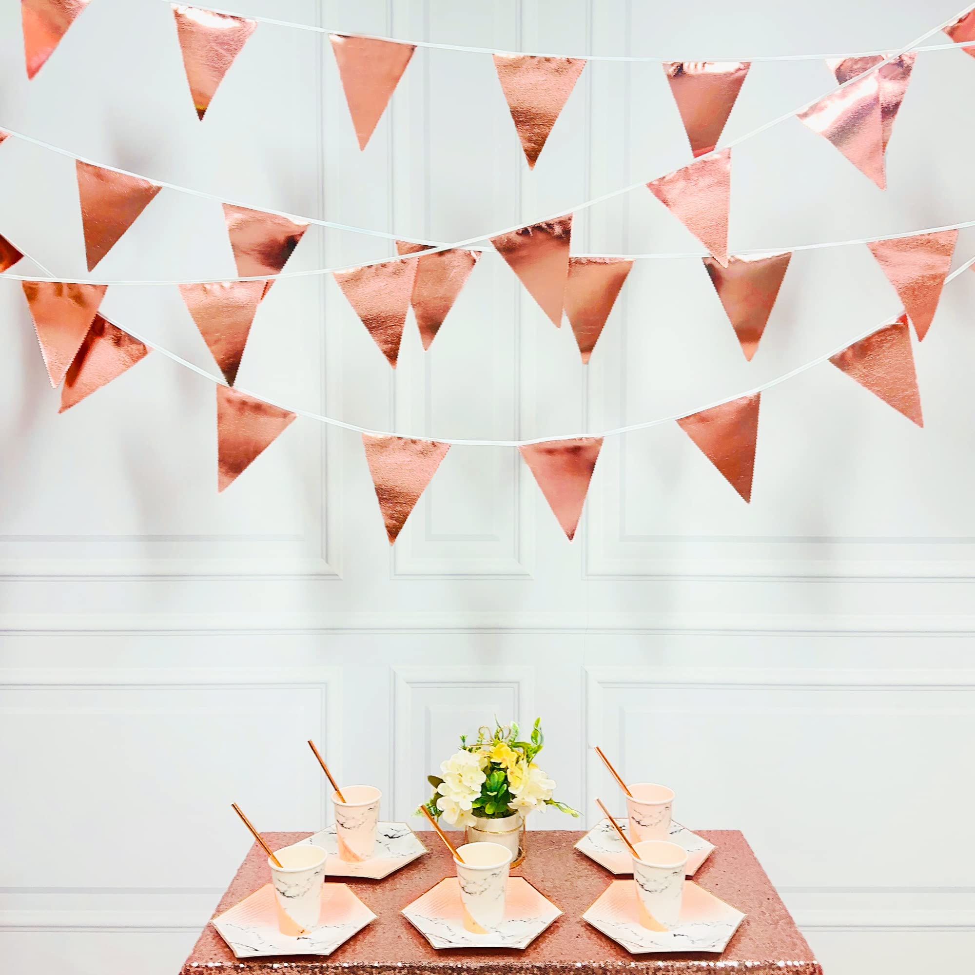 Rose Gold Party Decorations Metallic Fabric Triangle Pennant Banner Blush Pink Flag Bunting Garland For Wedding Birthday Anniver