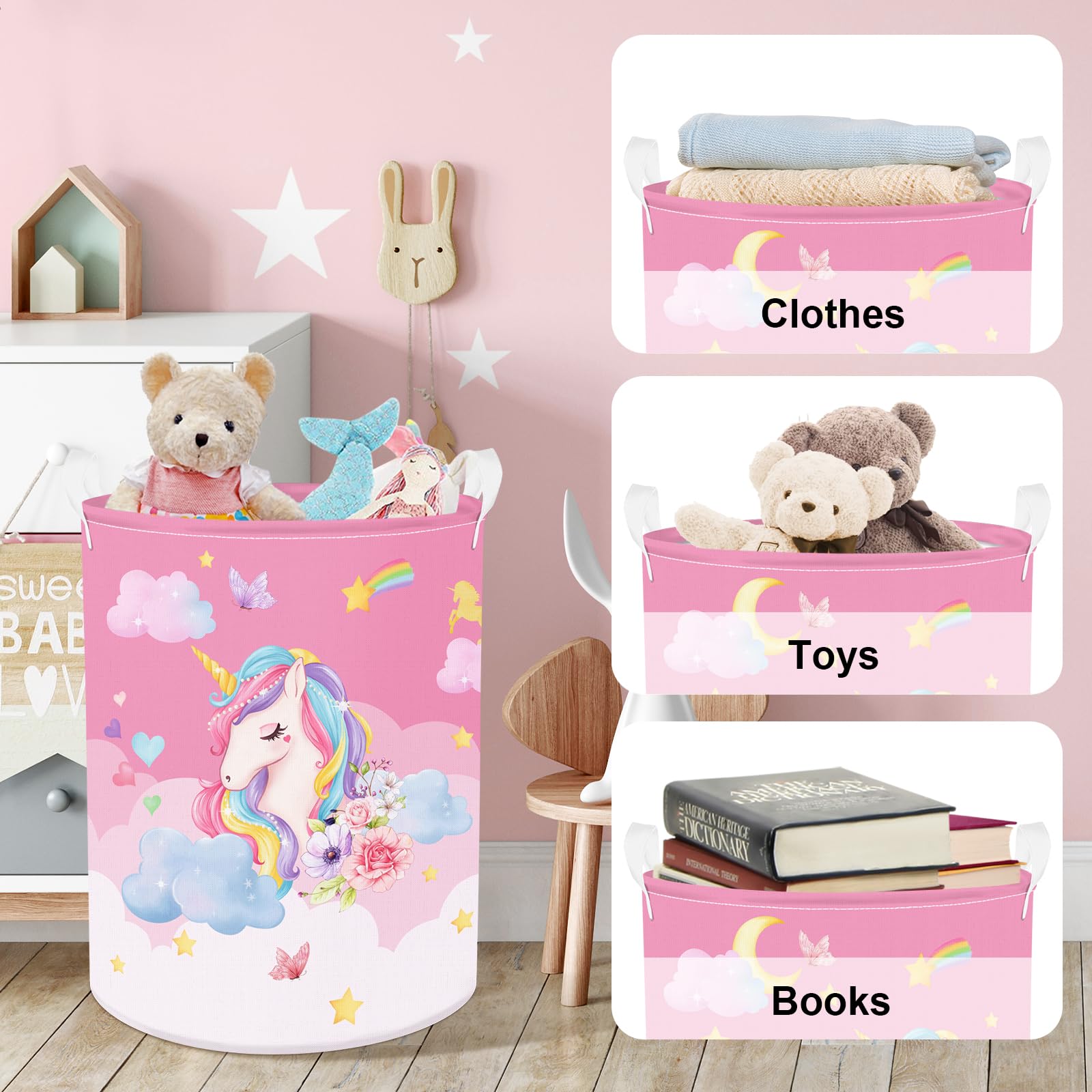 Clastyle 63L Unicorn Rainbow Collapsible Laundry Basket Large Pink Dirty Clothes Hamper For Girl Moon Star Flower Toy Storage Ba