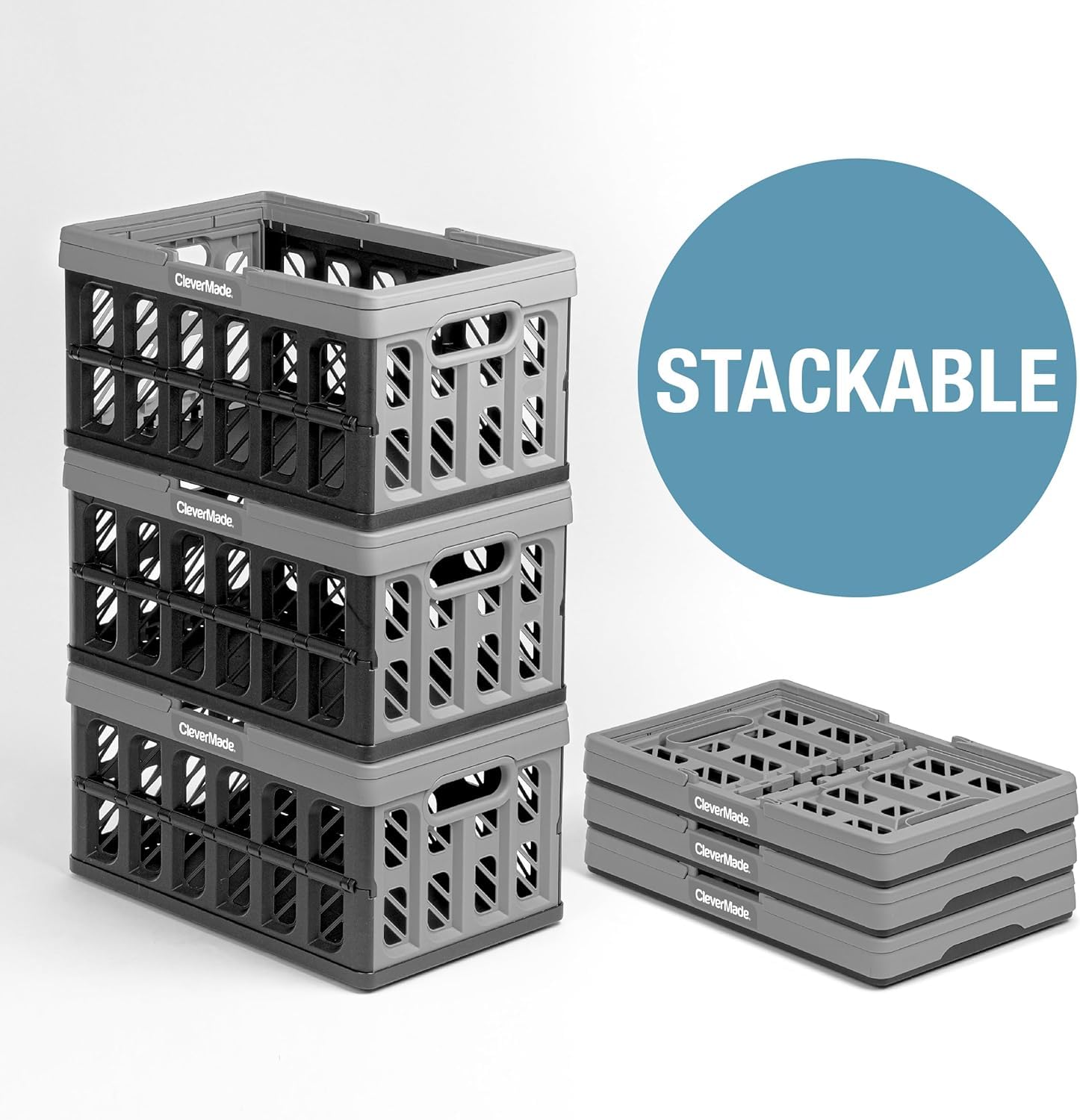Clevermade Eco 24L Collapsible Reusable Plastic Grocery Shopping Baskets Small Foldable Storage Crates With Handles, 3 Pack, Sto