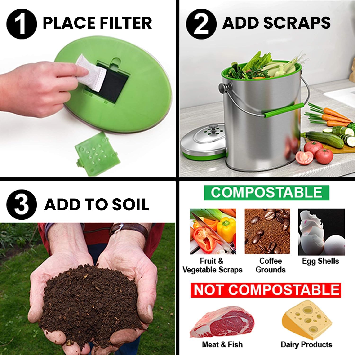 iTouchless Stainless Steel Compost Bin 1.6 Gallon Includes AbsorbX Odor Filter System  Titanium Rust-Free Space-efficient Slim Oval Shape 6 Liter Kitchen Countertop Trash Can