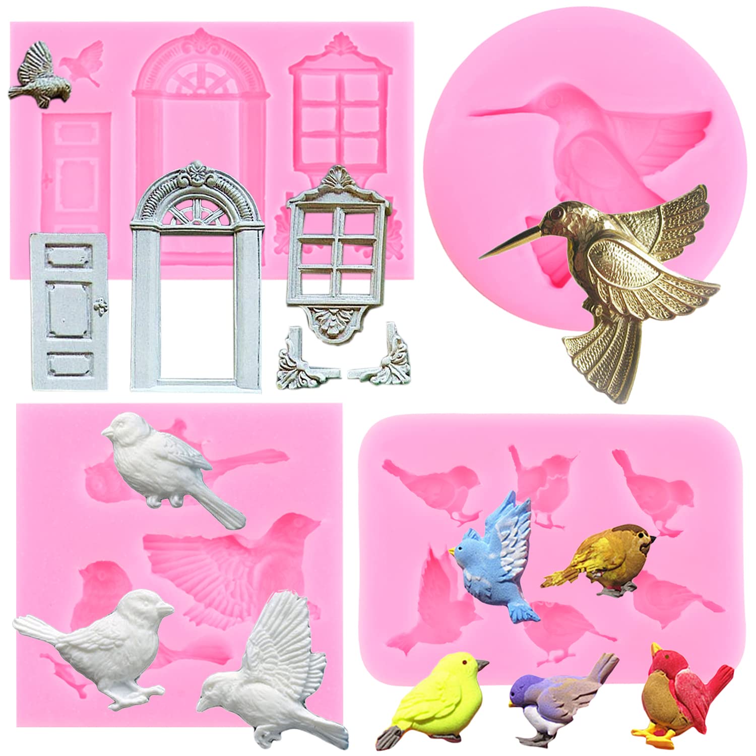 Rfghac 3D Bird Cake Fondant Molds Window Door Silicone Mold For Chocolate Cake Decoration Cupcake Topper Candy Gum Paste Set Of