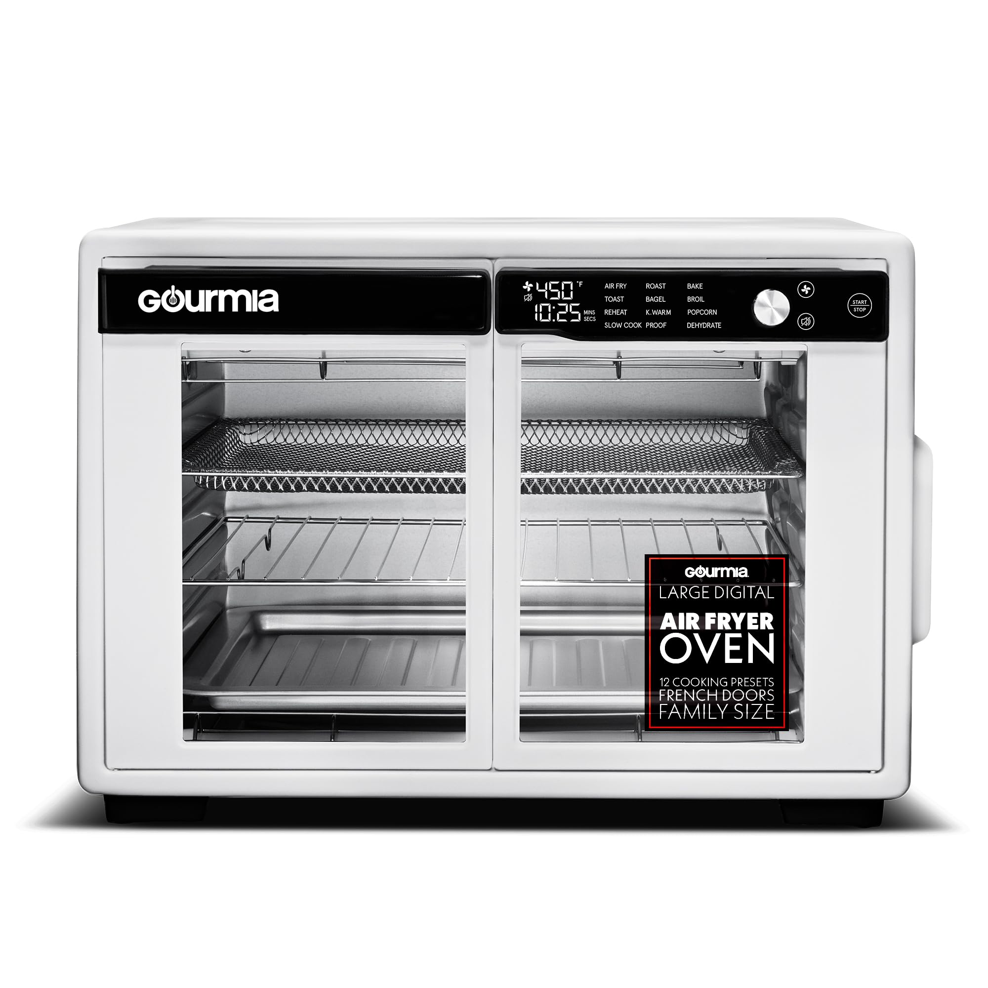 Gourmia French Door Digital Air Fryer Oven - XL 37QT Capacity, 12 Presets, FryForce 360 Tech, Dehydrate, Proof, Slow Cook, Fits 