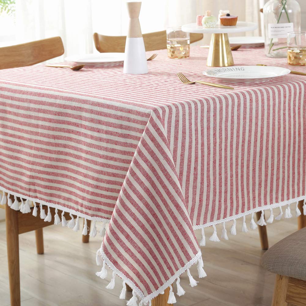 Trudelve Heavy Duty Cotton Linen Table Cloth Stripe Tassel Rectangle Tablecloth Dust-Proof Table Cover For Kitchen Dinning Table