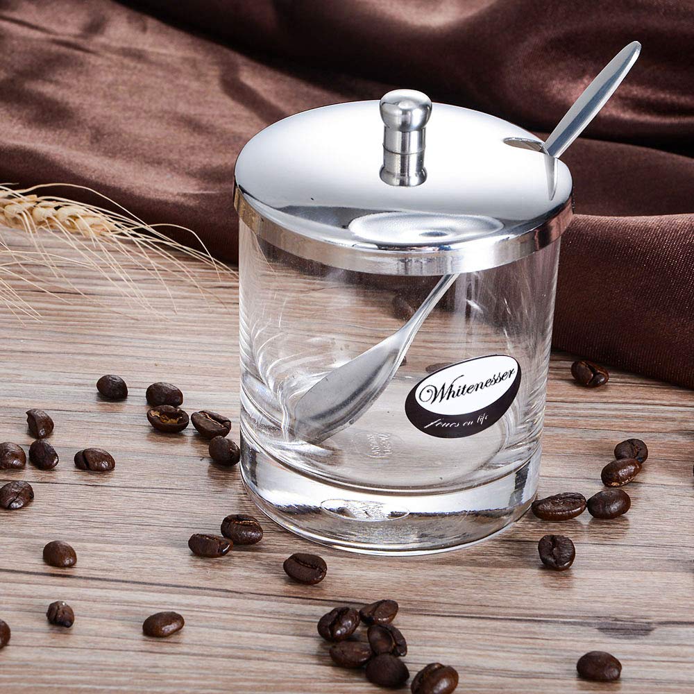 Whitenesser Glass Sugar Bowl With Lid And Spoon For Coffee, Set Of Clear Glass Spices Bottles Jar With Lid And Stainless Steel S