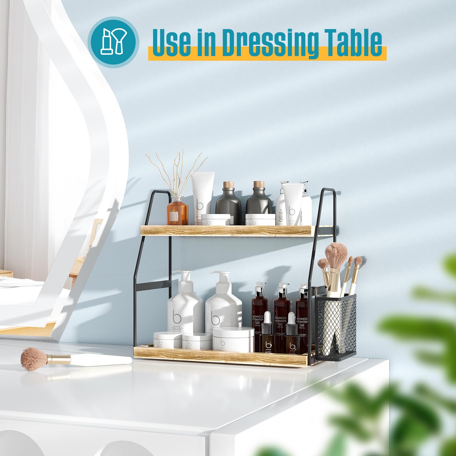 Nroech Bathroom Organizer Countertop  2-Tier Standing Counter Shelf with Basket  Wood Tray for Kitchen Vanity Organizer