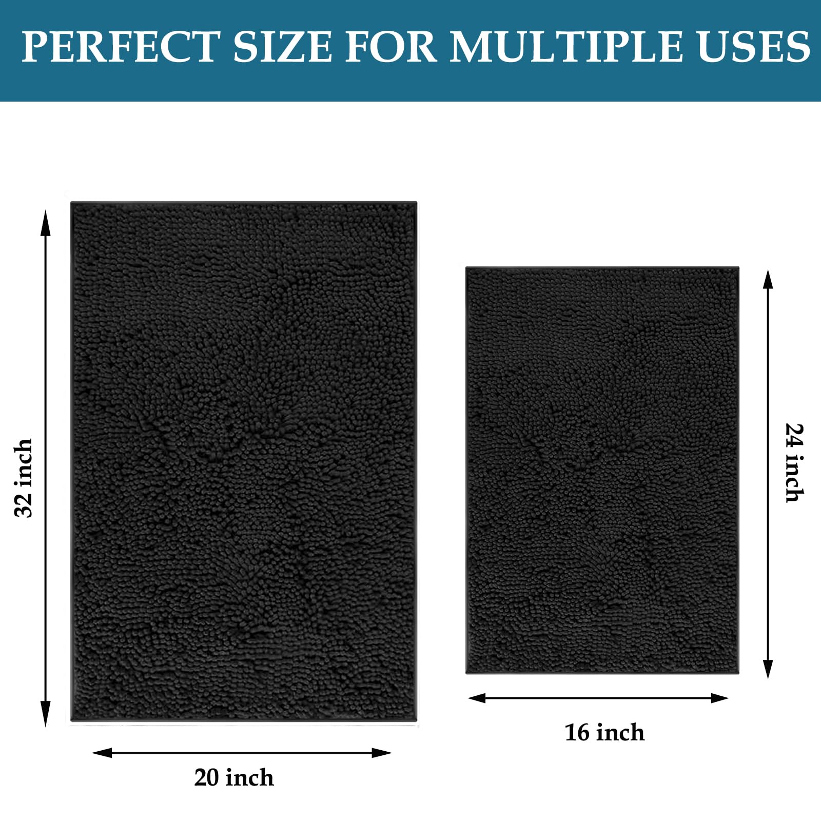 Black Bathroom Rugs Non Slip Bath Rugs Set 2 Piece, Bathroom Rug Bath Mats For Bathroom, Thick Soft Chenille Bathroom Rug Set, B