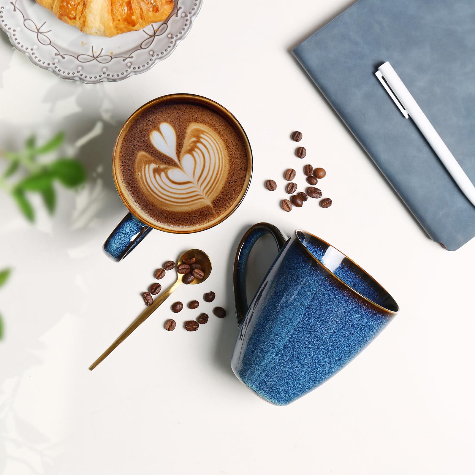 MONITO 17 OZ Coffee Mugs Set of 6, Large Ceramic Blue Coffee Mugs Set with handle for Tea/Latte/Milk/Cocoa, Funny Tea Cups for O