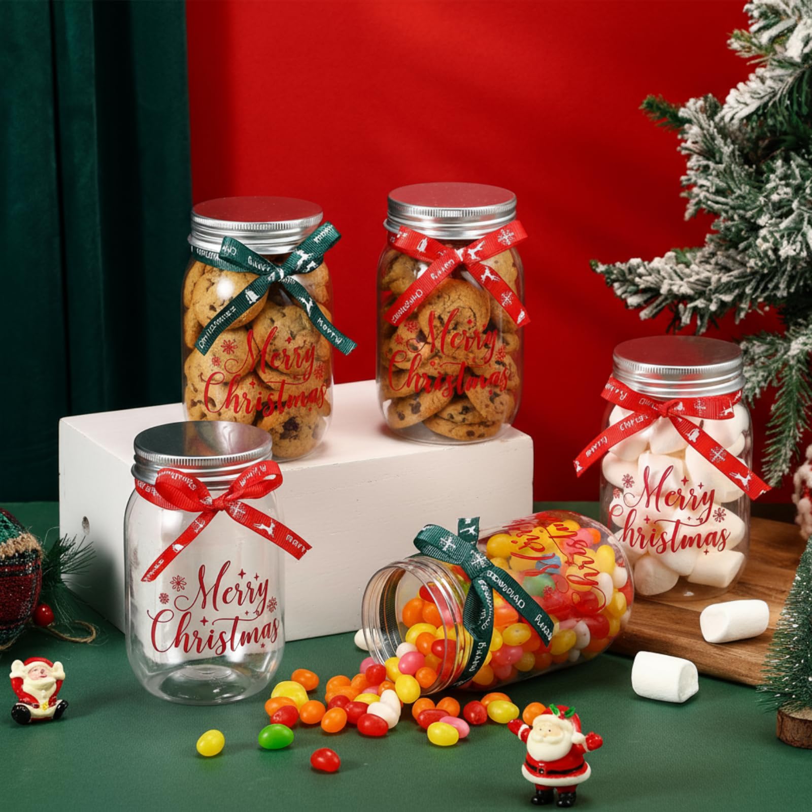 Yungyan 24 Set 12oz Christmas Mason Jars Christmas Candy Jars with Lids Ribbons Print Pattern Clear Plastic Cookies Containers f