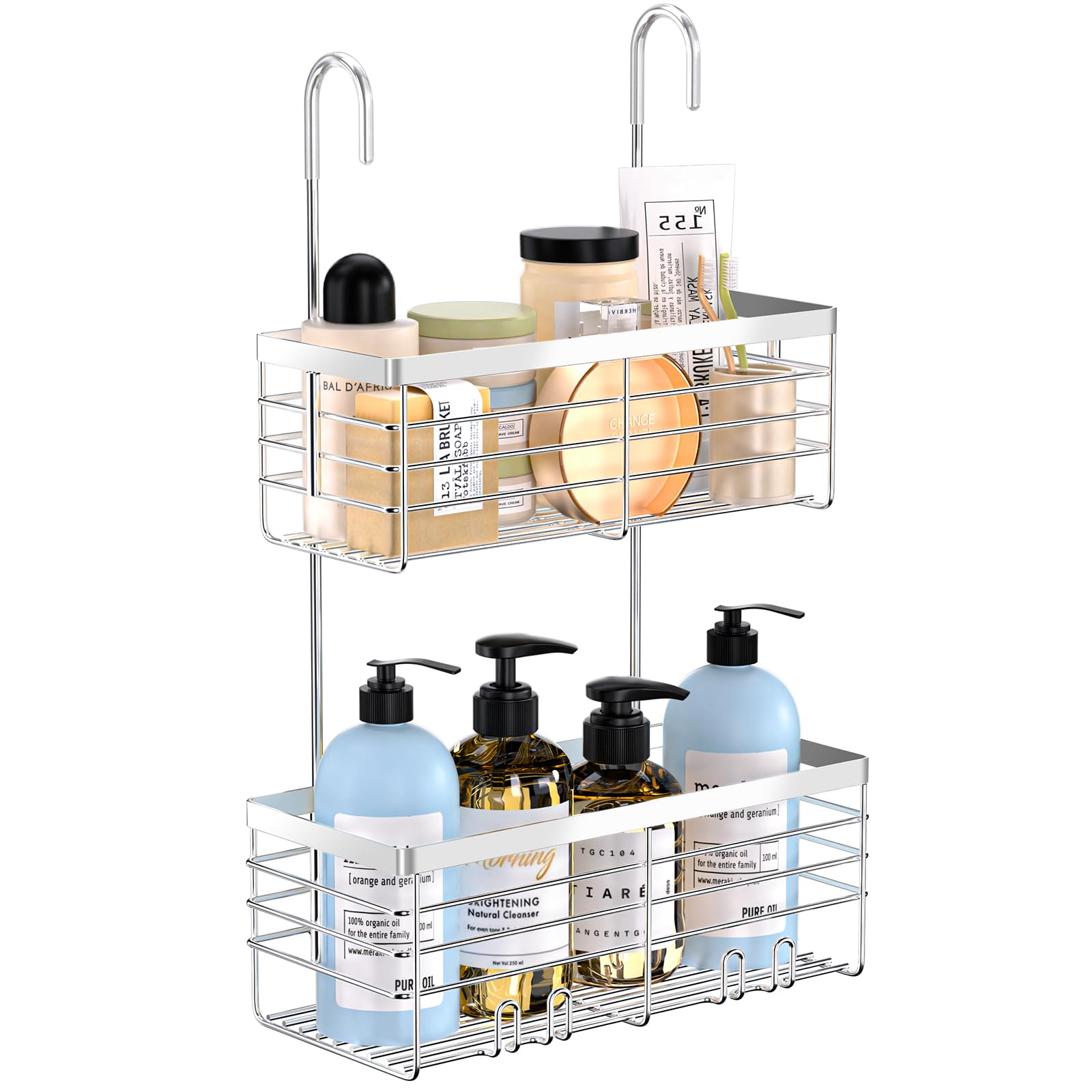 Yuoros Shower Caddy Hanging, 2 Tier Over The Door Shower Organizer Rack 304 Stainless Steel Rustproof (Elegant Silver)
