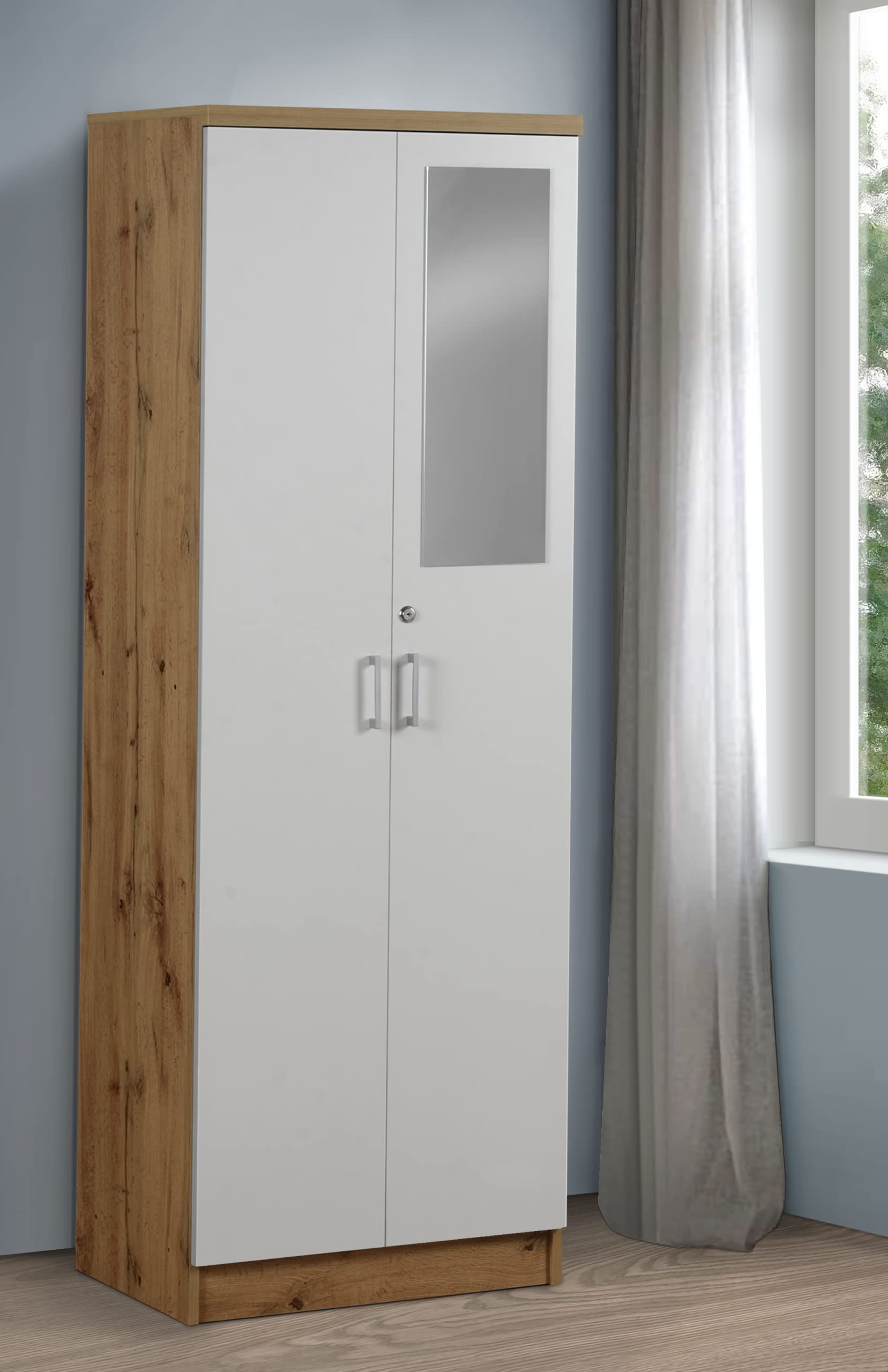 Deckup Plank Cove 2Door Engineered Wood Wardrobe With Mirror (Wotan Oak And White, Matte Finish)