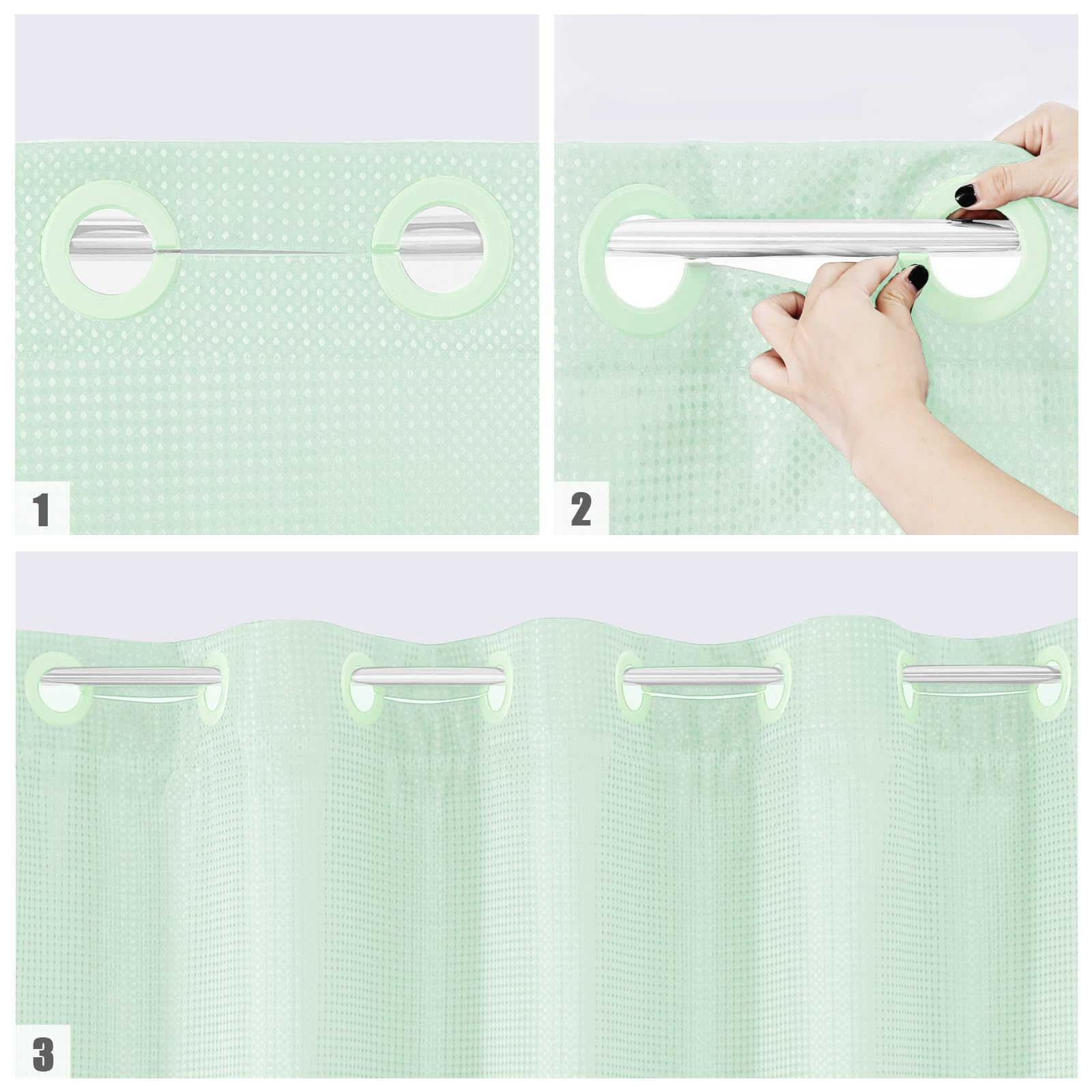 Mitovilla No Hooks Needed Extra Long Shower Curtain Set With Snap-In Liner, Green 86 Inch Xl Heavyweight Waffle Fabric Cloth Sho
