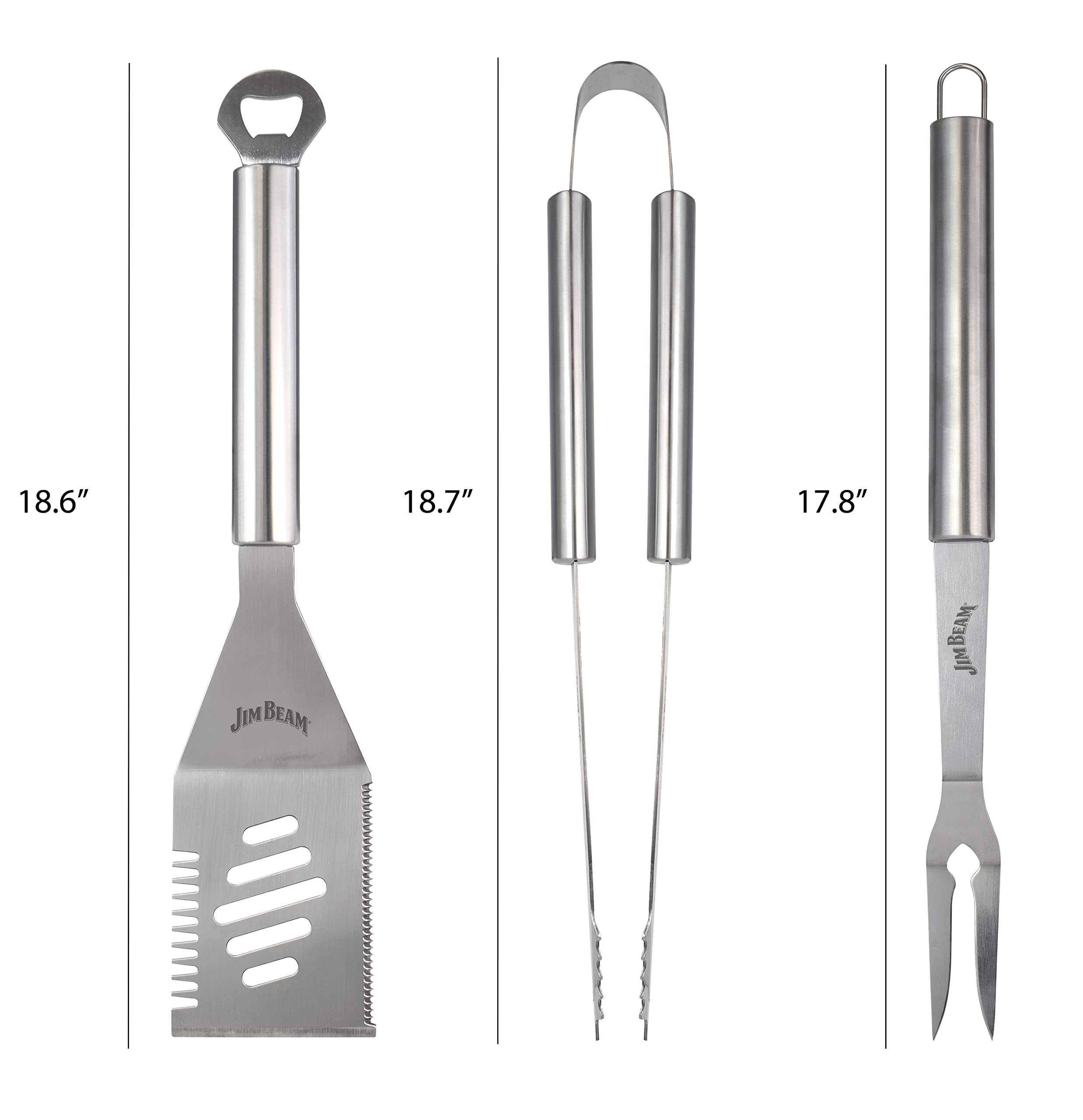 Jim Beam 3 Pack 3 Piece Stainless Steel Tool Set, Accessories, Outdoor Cooking, Camping And Bbq-Grilling Fork, Pair Of Tongs And
