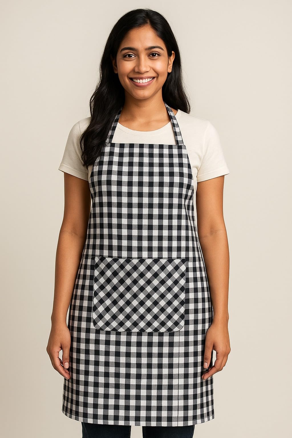 Drifly Cotton Kitchen Apron With Front Pocket, Black And White Checkered Pattern, Adjustable Neck Strap, Cooking And Baking Prot