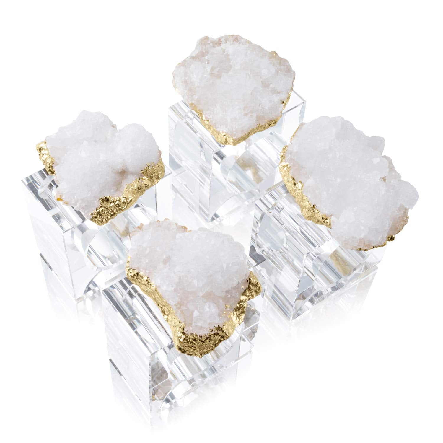Set Of 4 White Geode Napkin Rings Gold Plated Quartz Geode Napkin Holder For Wedding, Dinner & Decor