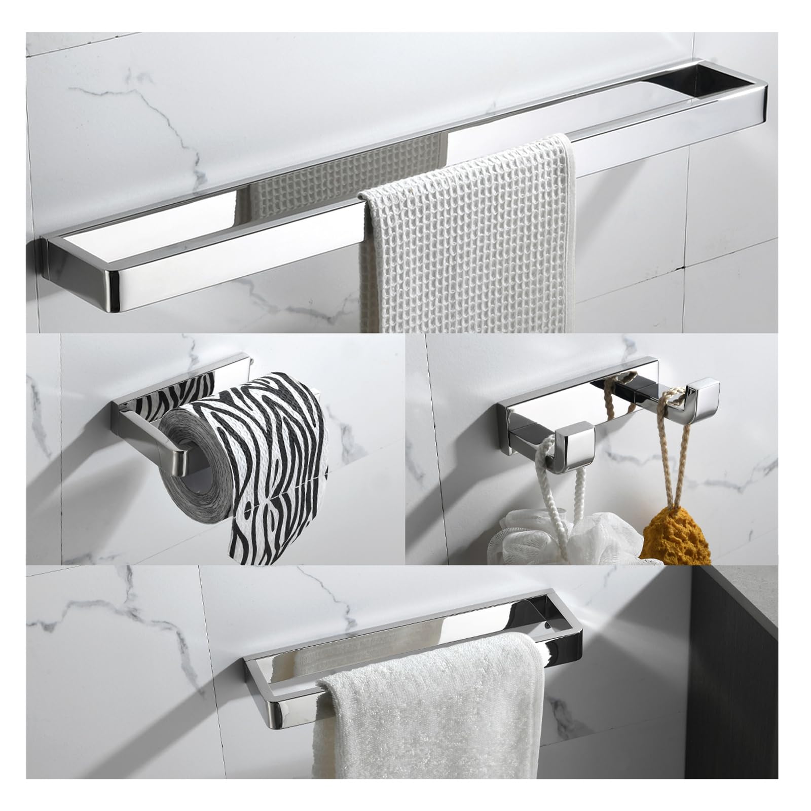 Yacvcl 4-Piece Bathroom Hardware Accessories Set Polished Chrome Towel Bar Set Square Towel Holder Kit Stainless Steel Wall Moun