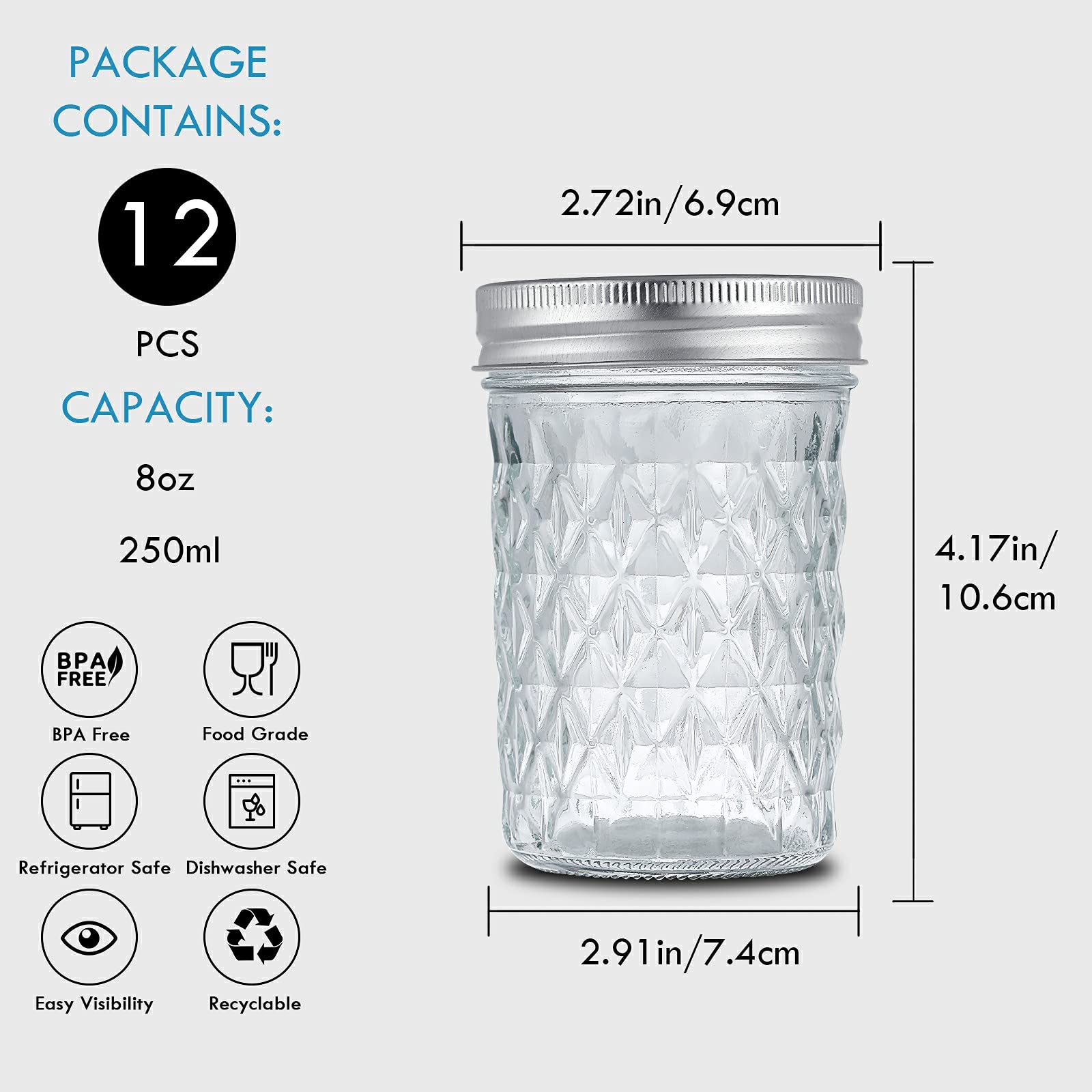 Yeboda 12 Pack 8 Oz Mason Jars With Airtight Lids And Bands Glass Canning Jars Ideal For Preserving, Jam, Honey, Jelly, Wedding