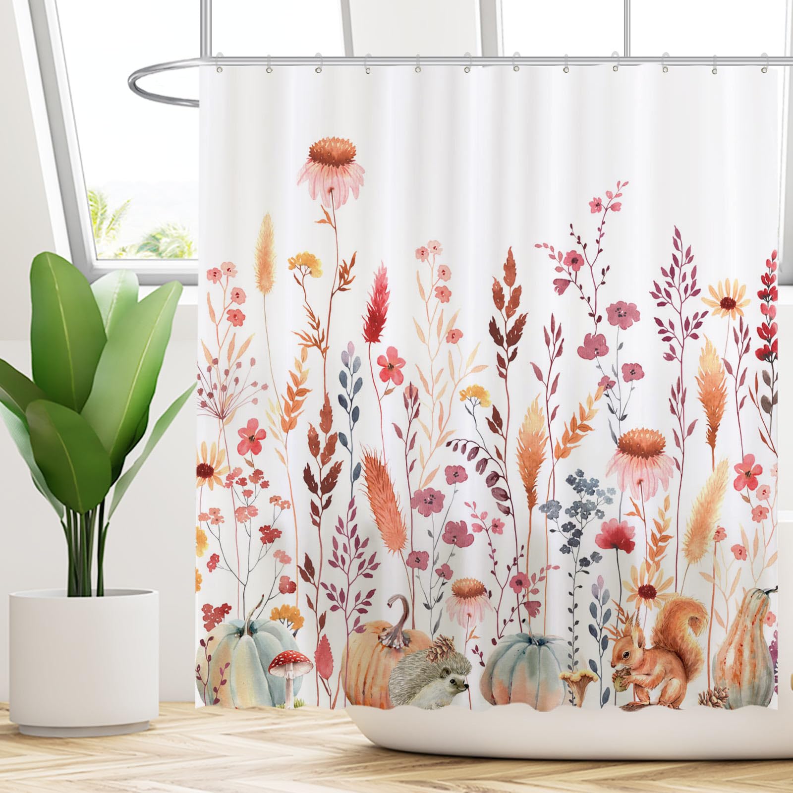 Funnytree 72''X72'' Autumn Flowers Fall Rustic Pumpkins Boho Leaves Floral Watercolor Bohemian Farmhouse Shower Curtain For Bath