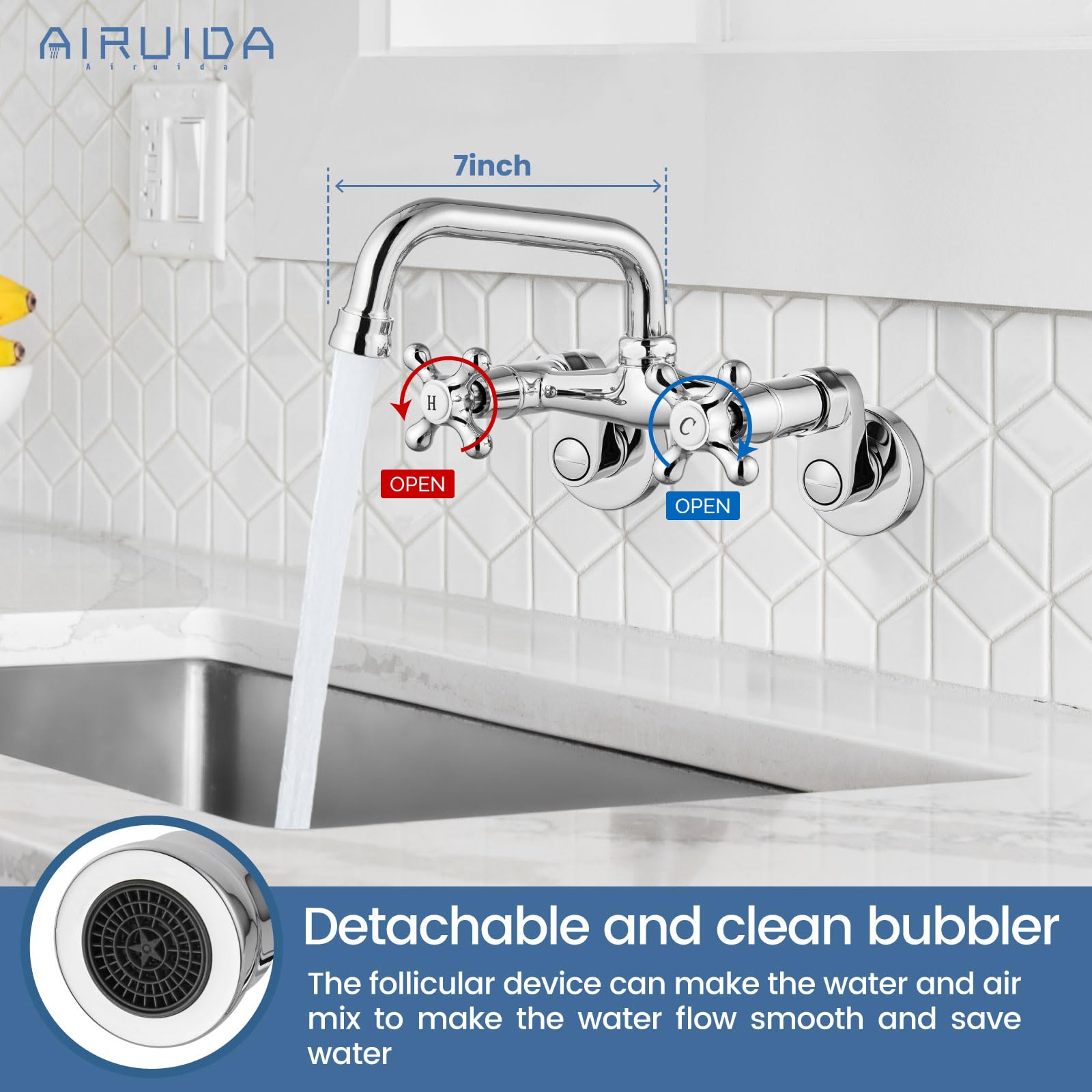 Airuida Wall Mounted Kitchen Faucet Chrome Polish 6 Inch(15Cm) Spout Reach 6 Inch Center Adjustable Center Double Cross Handles