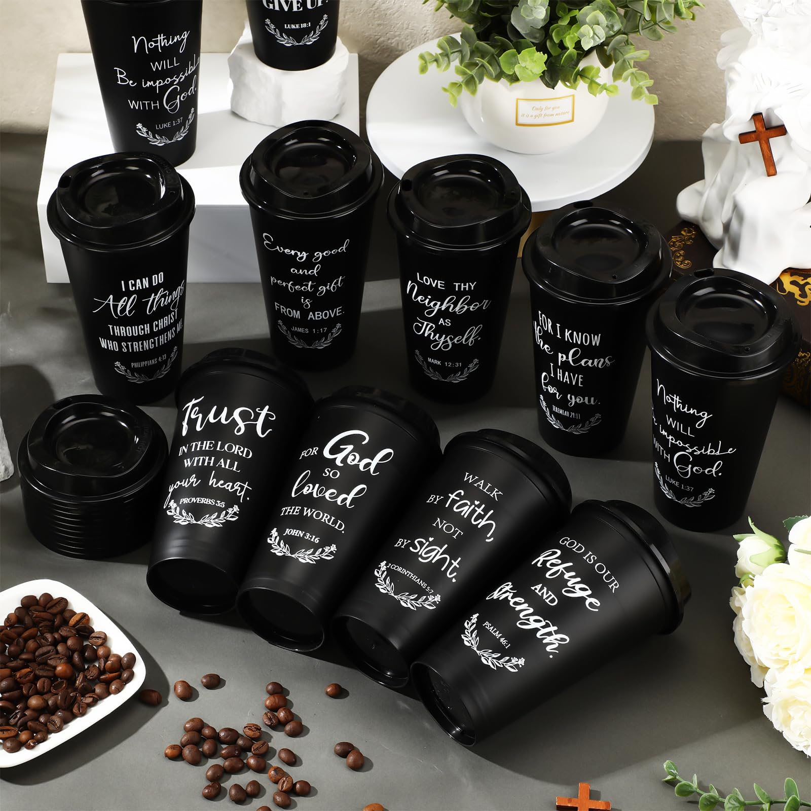 Skylety 20 Pack Christian Gifts for Men Women 16oz Reusable Bible Verse Tumbler Bulk Plastic Coffee Cups with Lids Inspirational