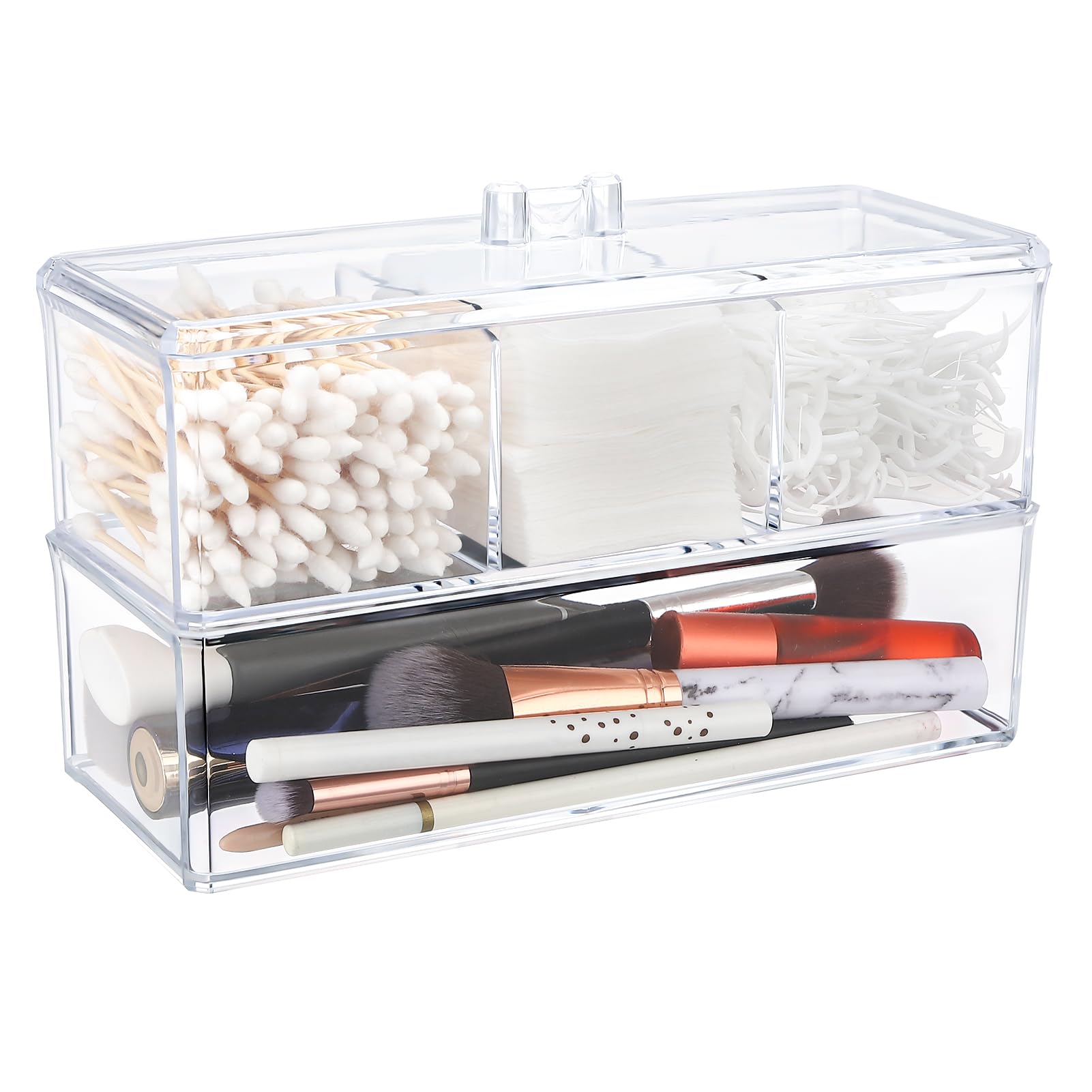 2 Layer Qtip Holder Transparent 3 Compartments Cotton Ball and Swab Holder Organizer with Lid,Jar for Cotton Rounds,Bathroom Con
