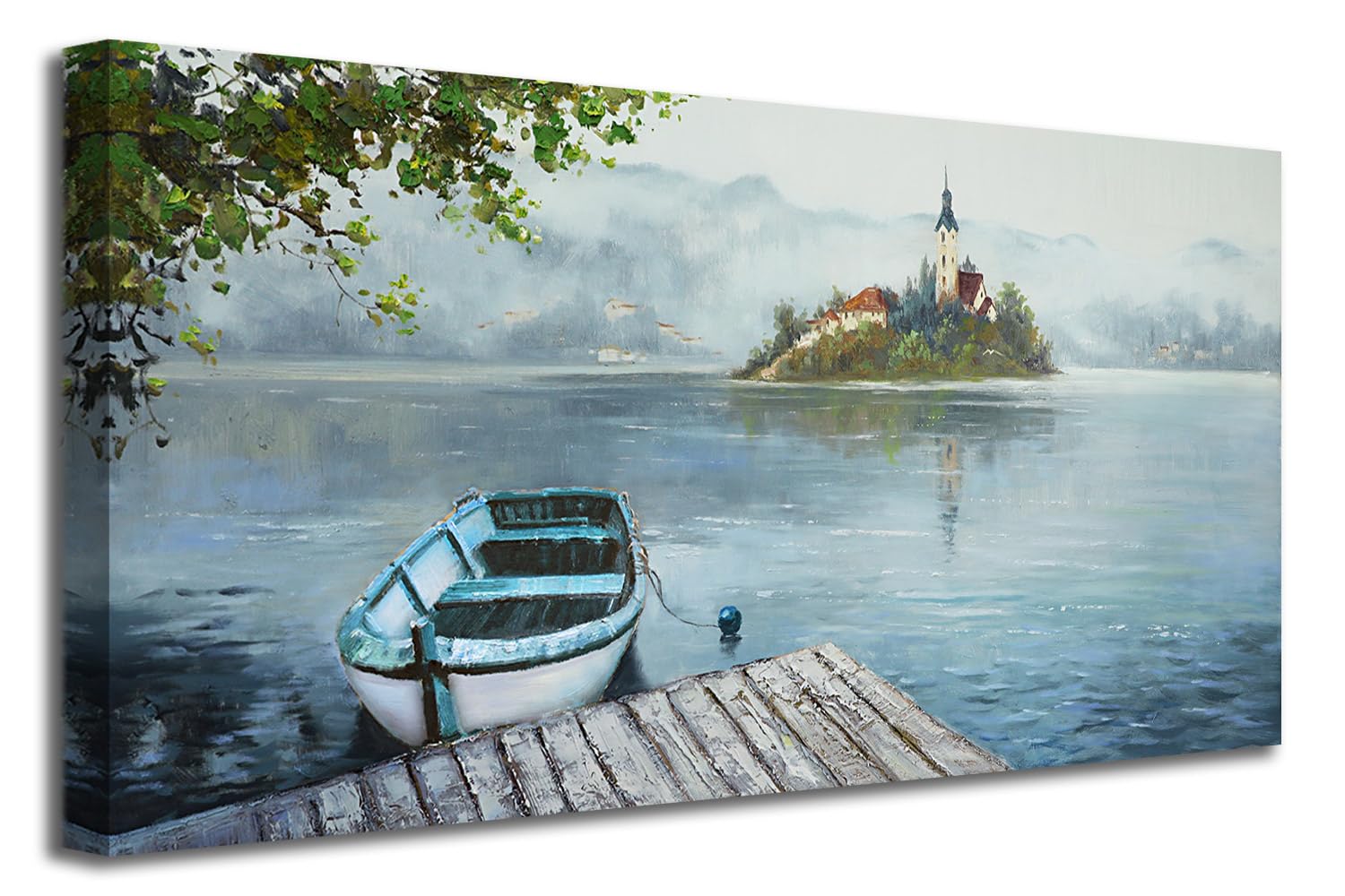 Ardemy Lake Canvas Wall Art Blue Grey Sky Nature Landscape Painting Boat Picture Modern Scenic Artwork Framed Large Size For Liv