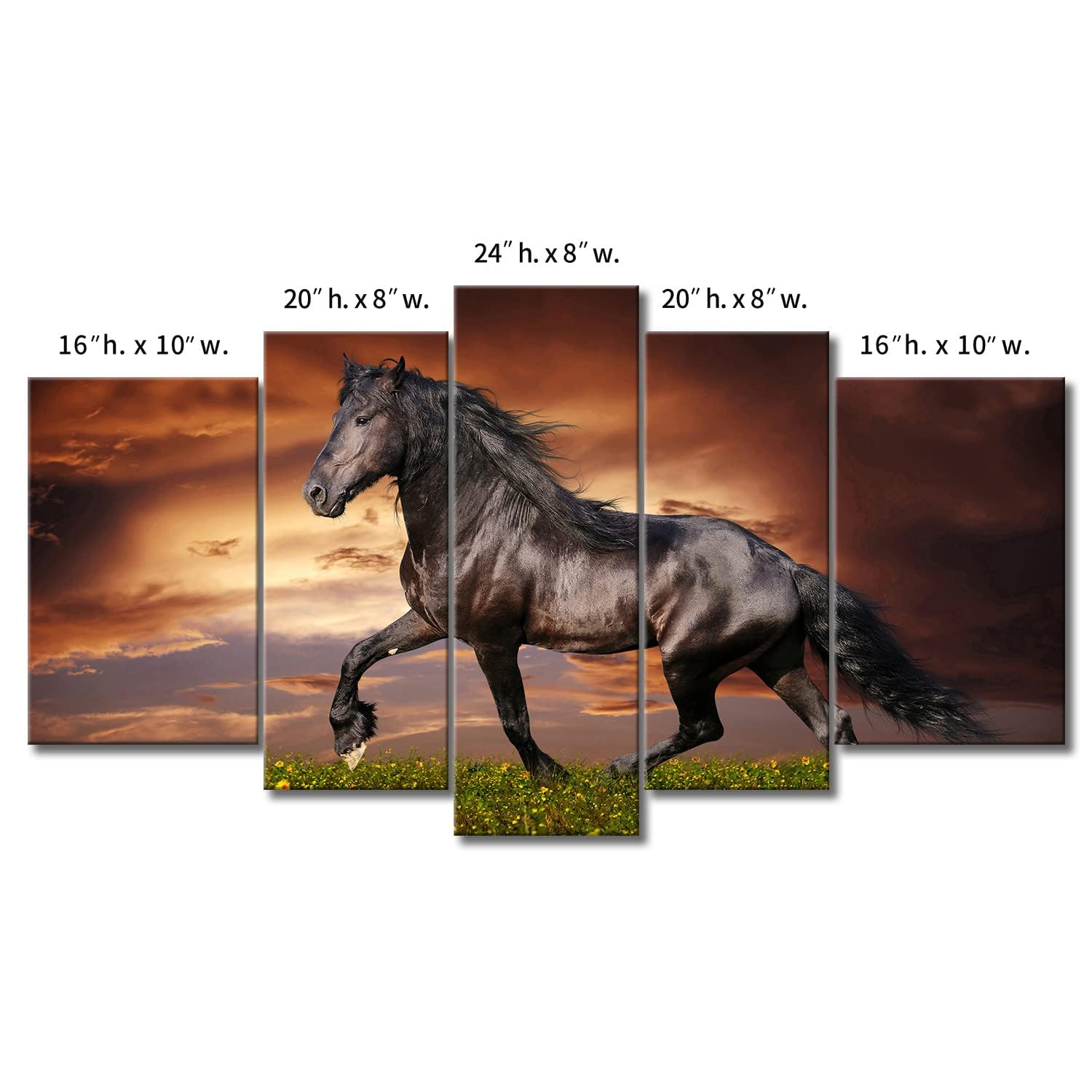 5 Panel Wall Art Black Friesian Running Horse Trot On The Field On Sunset Grass and Flower Painting Pictures Print On Canvas Animal The Picture for Home Modern Decoration Piece (A)