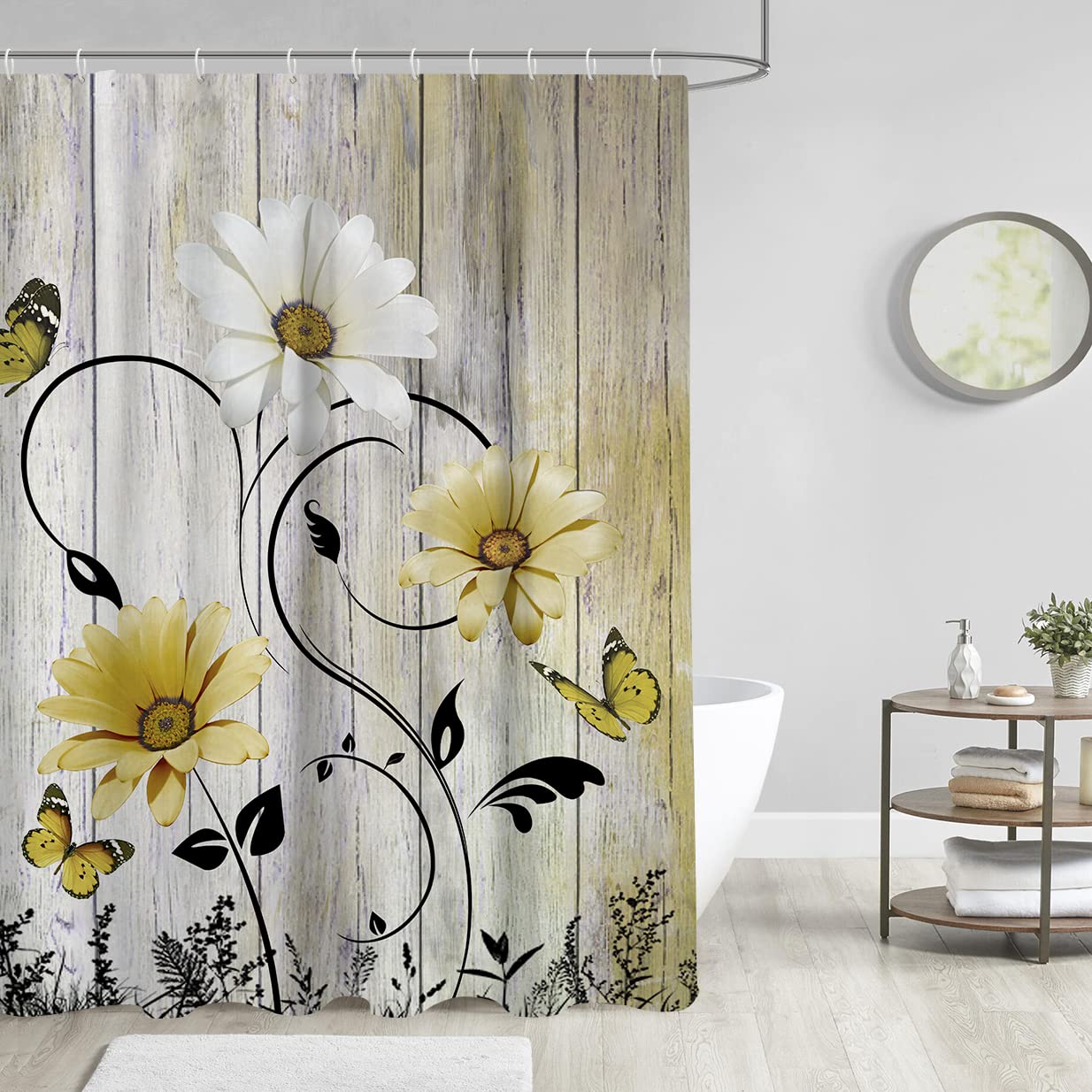 Aatter Yellow Flowers Shower Curtain Rustic Floral White Daisy Black Leaves Boho Butterfly Sunflower Vintage Gray Grey Bright Wi