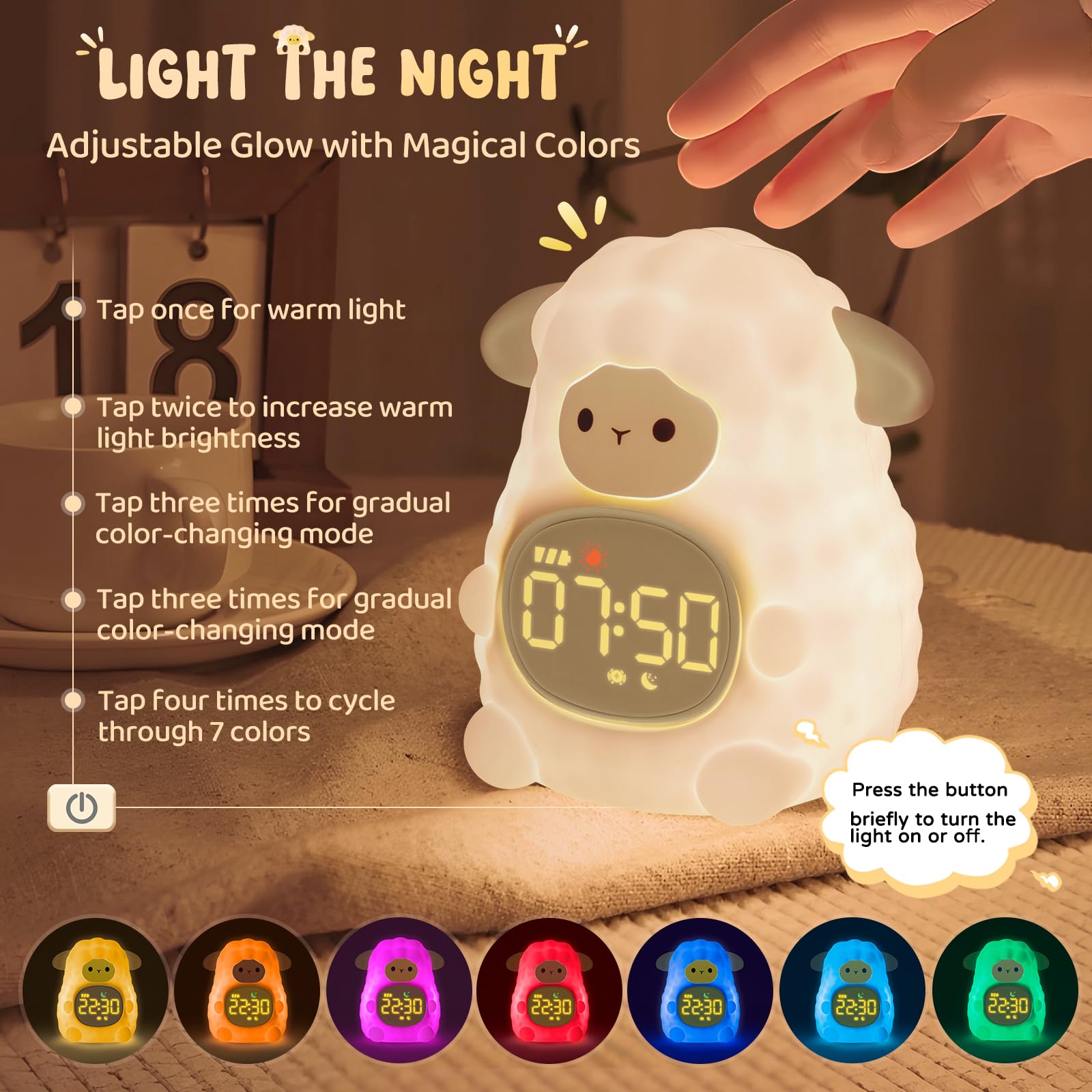Sheep Alarm Clock with Night Light for Kids with Sleep Training and Sound Machine, Rechargeable Silicone Lamp OK to Wake Clock,C