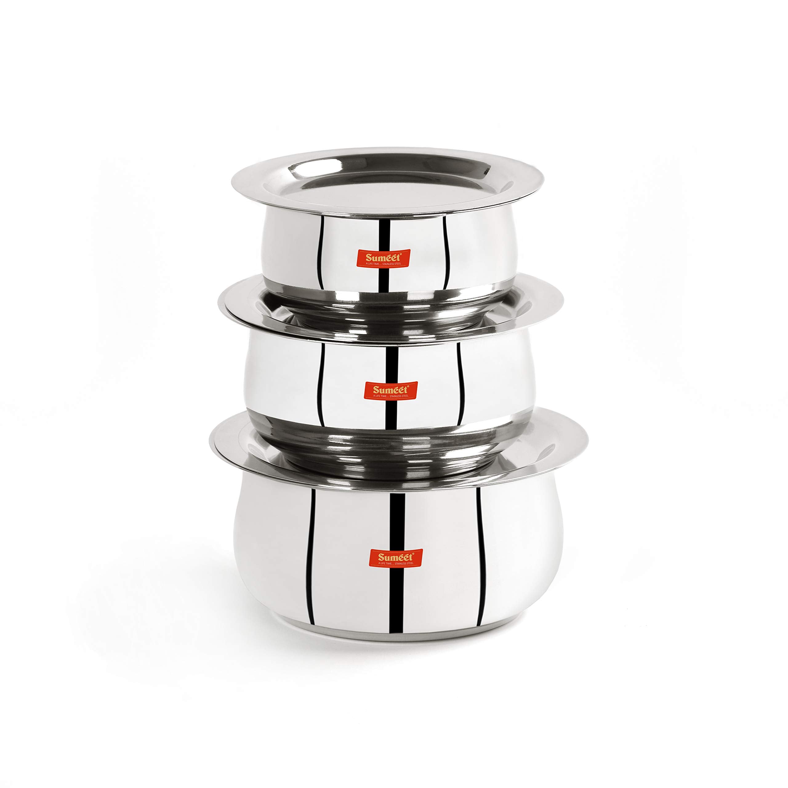 Sumeet Stainless Steel Belly Shape 3 Pc Tope/Cookware/Pot Set with Lid 380ML, 500ML, 780ML, (Silver)