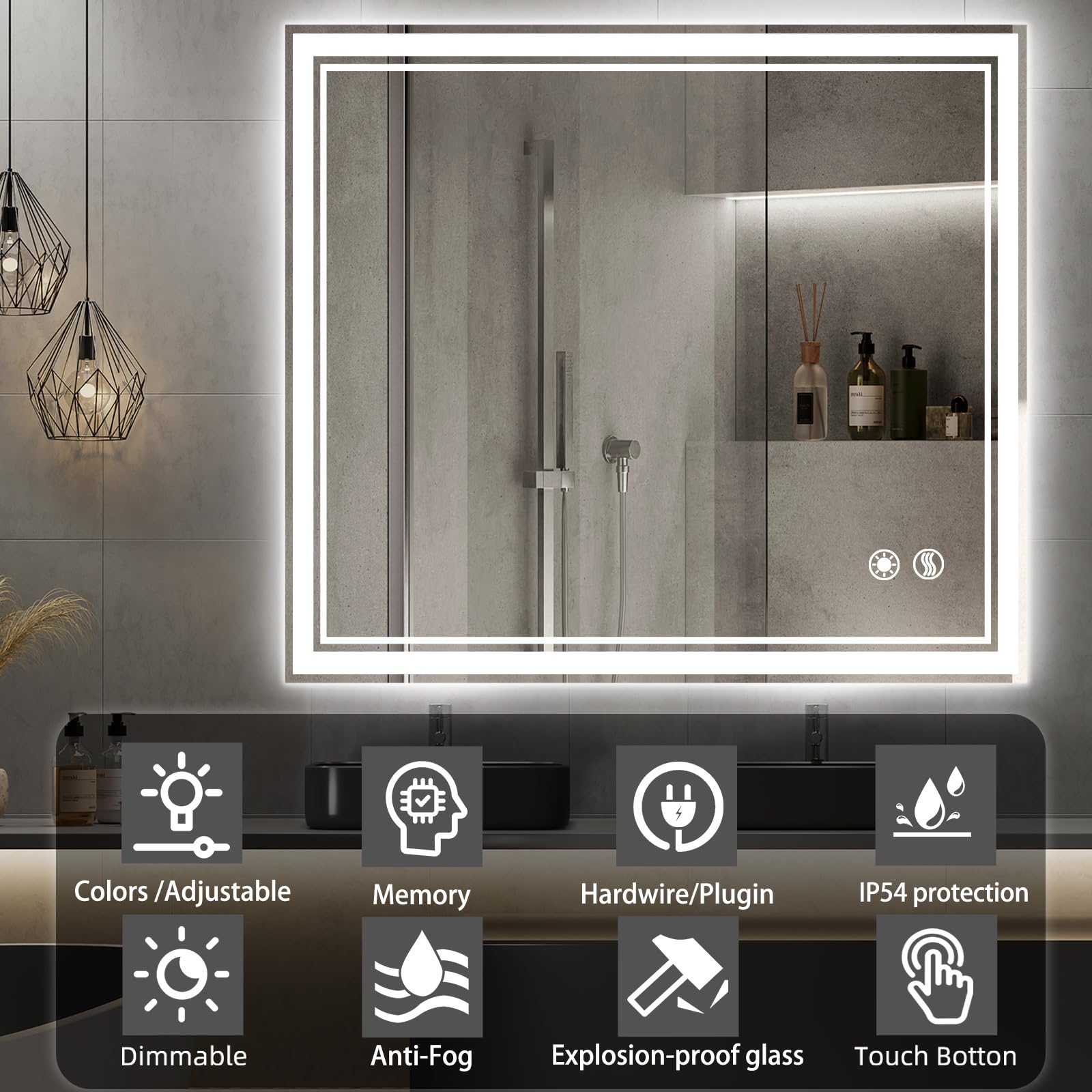 Wuenlux 32 X 32'' Led Mirror For Bathroom Anti-Fogging Bathroom Mirror With Lights Stepless Brightness Dimmable 3 Colors Front A