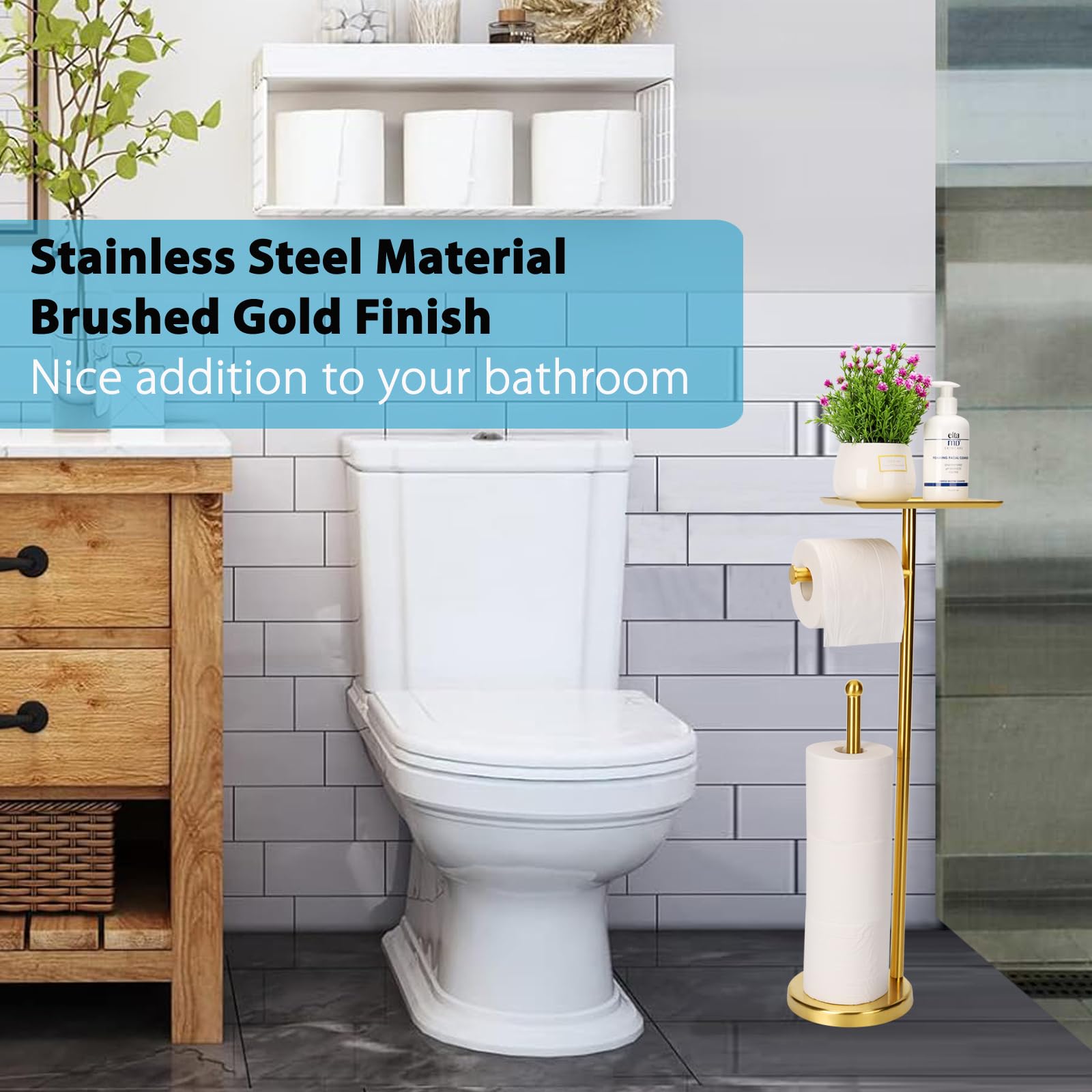 Noonext Gold Toilet Paper Holder Stand, Freestanding Toilet Paper Stand With Tray For Small Items, Toilet Paper Holder With Shel
