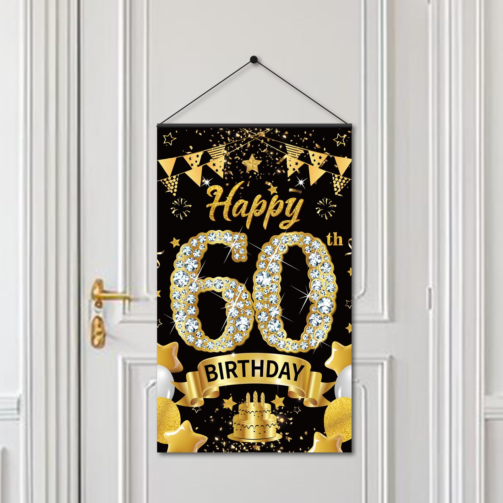 60th Birthday Decorations Door Banner Sign for Men Women, Happy 60 Birthday Door Hanging Party Supplies, Black Gold Sixty Year O