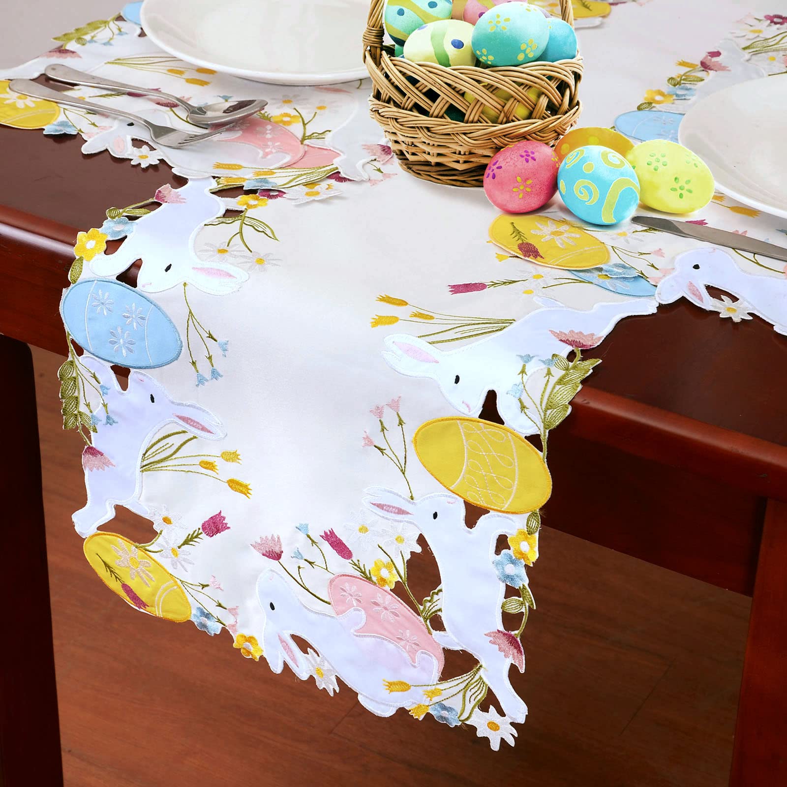 Simhomsen Embroidered Colorful Eggs And Bunny Table Runners Dresser Scarf For Easter Holiday Or Spring Season (14 X 53 Inches)