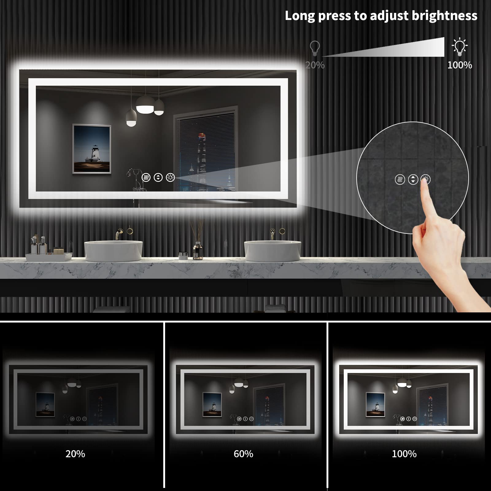 LOAAO 55X30 LED Bathroom Mirror with Lights  Anti-Fog  Dimmable  Backlit + Front Lit  Lighted Bathroom Vanity Mirror for Wall  Shatter-Proof  Memory Function  ETL Listed