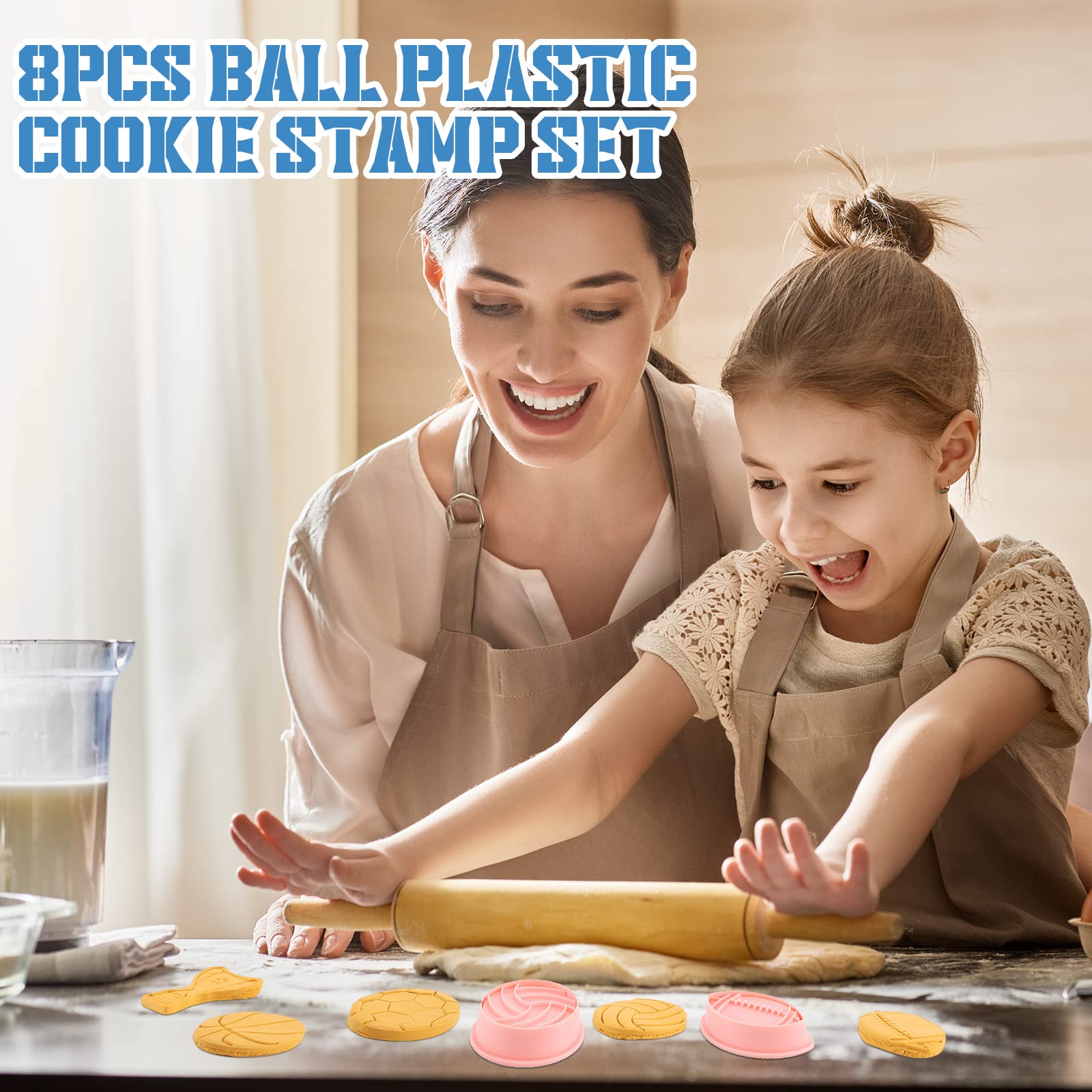 8 Pieces Sport Ball And Birthday Cookie Stamps With Plunger Cutters Set 3D Football Volleyball Soccer Basketball Cake Flower Sha