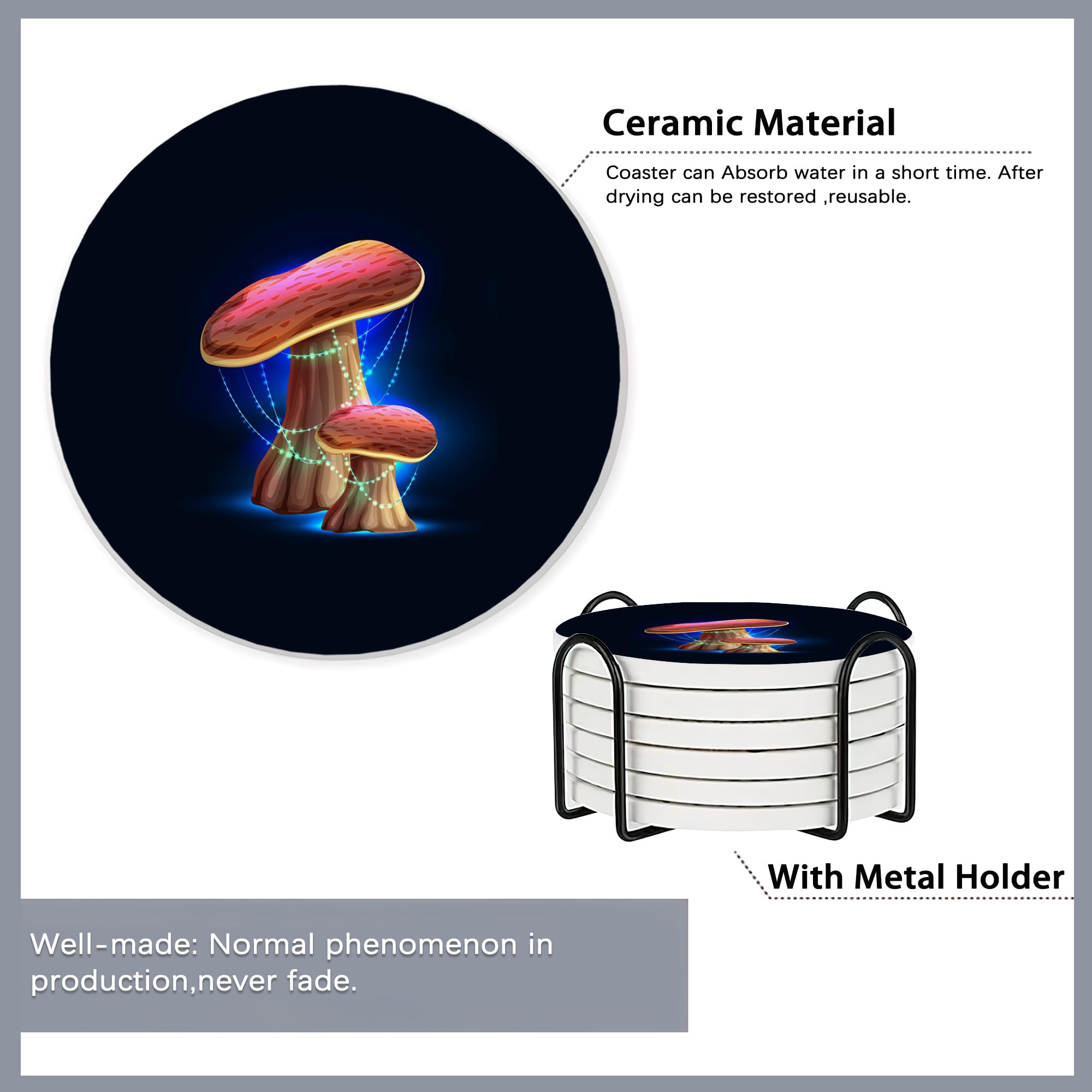 6 Pcs Coasters For Drinks With Holder,Magical Glowing Mushrooms Absorbent Coaster With Cork Backing,Great Gift For Housewarming,