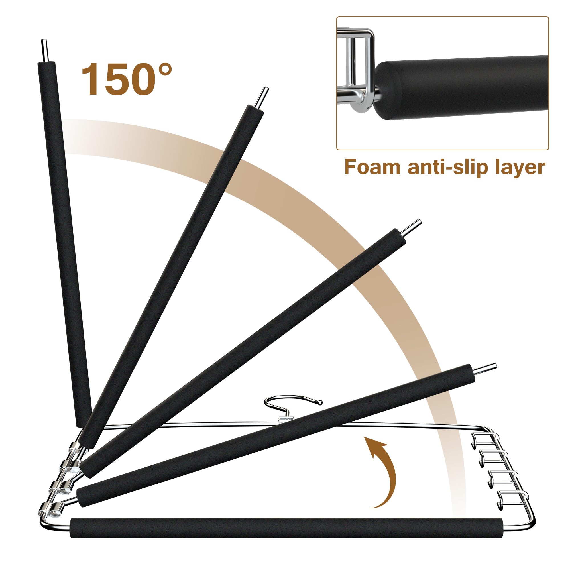 Cycleacc Pants Hangers, 3 Pack Anti-Slip Space Saving Hangers, 5 Layer Swing Arm Pants Hanger Stainless Steel With Non-Slip Padd