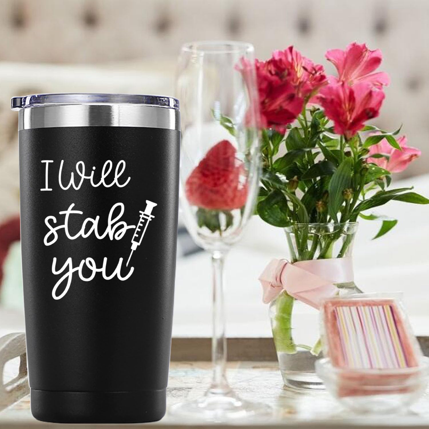 Nurse Gifts.I Will Stab You Tumbler Gifts.20 Oz (Black)Nursing Graduation Mug Gift For Nurses Birthday Christmas Appreciation Gi