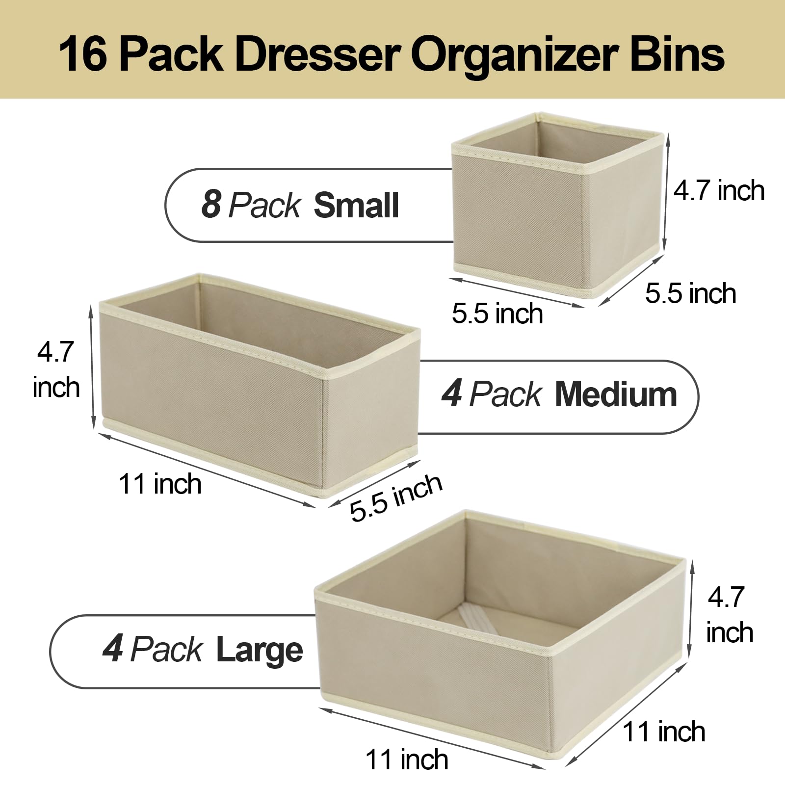 Fordonral 16 Pcs Drawer Organizer,Fabric Closet Organizer and Storage Baskets,Foldable Drawer Divider for Clothing,Sock,Ties,Und