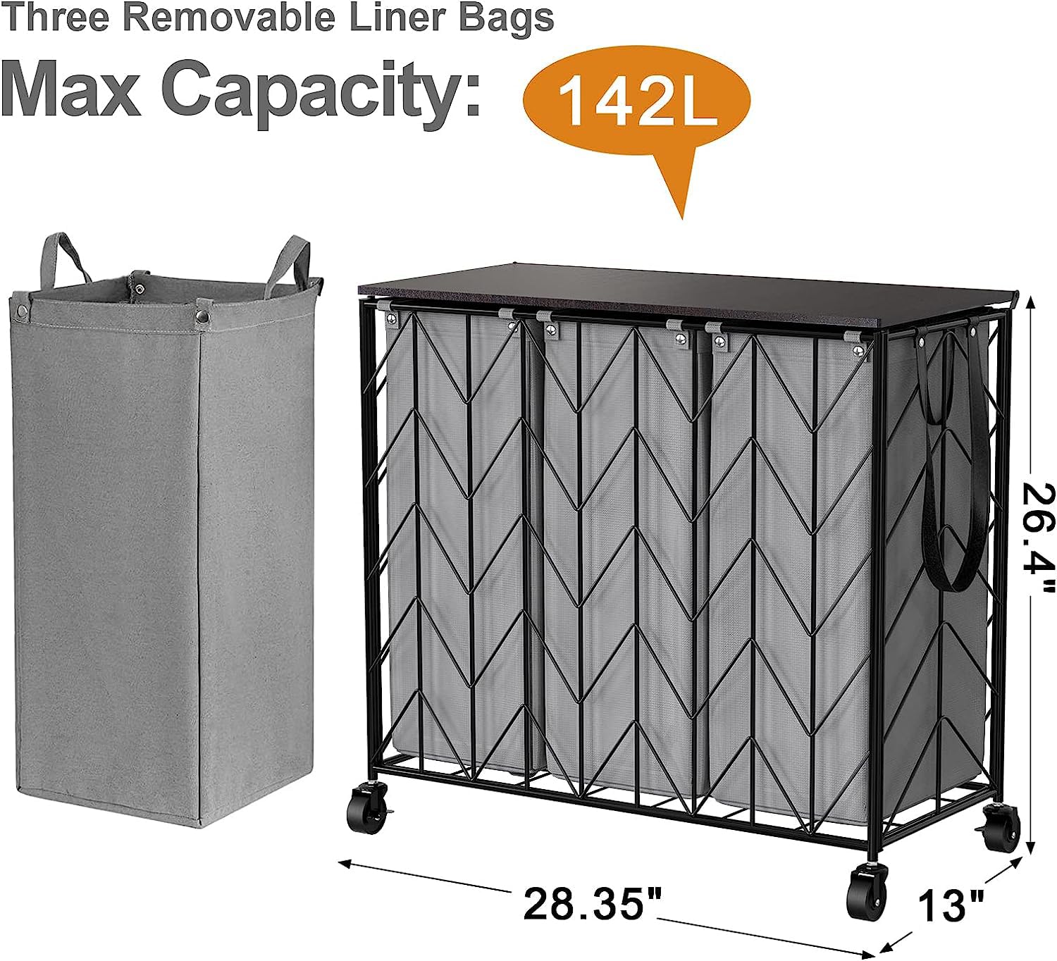 WOWLIVE Laundry Basket with Wheels  142L Laundry Hamper 3 Section with Lid  Dirty Clothes Hamper with Removable Bags  Large Capacity Iron-Made Laundry Basket Organizer Laundry Sorter for Dorm  Grey