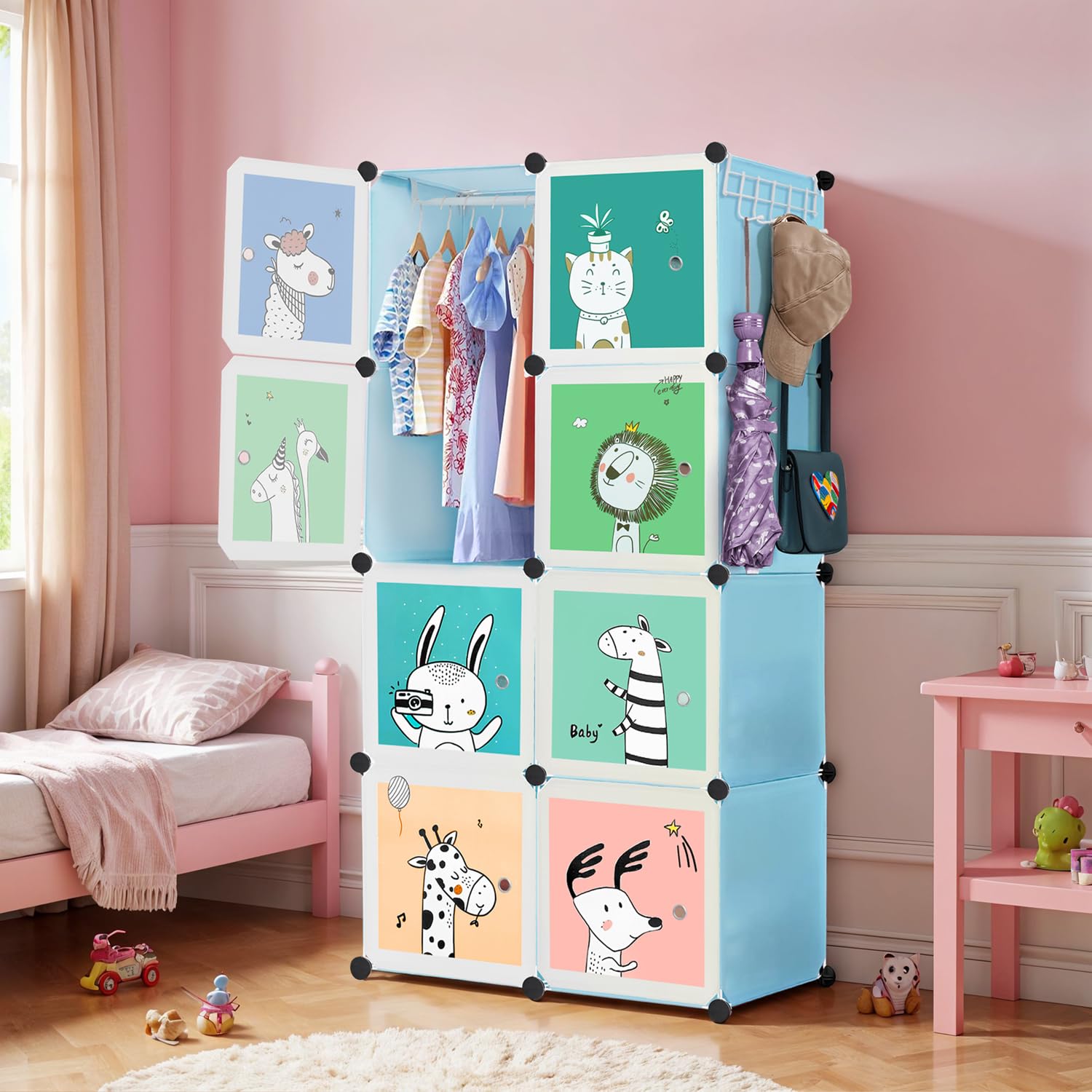 About Space Plastic Kids Wardrobe - Diy 8 Cube Kids Almirah With Cartoon Print Door, Side Cloth Hanger, Door Magnet & Hamer - Co