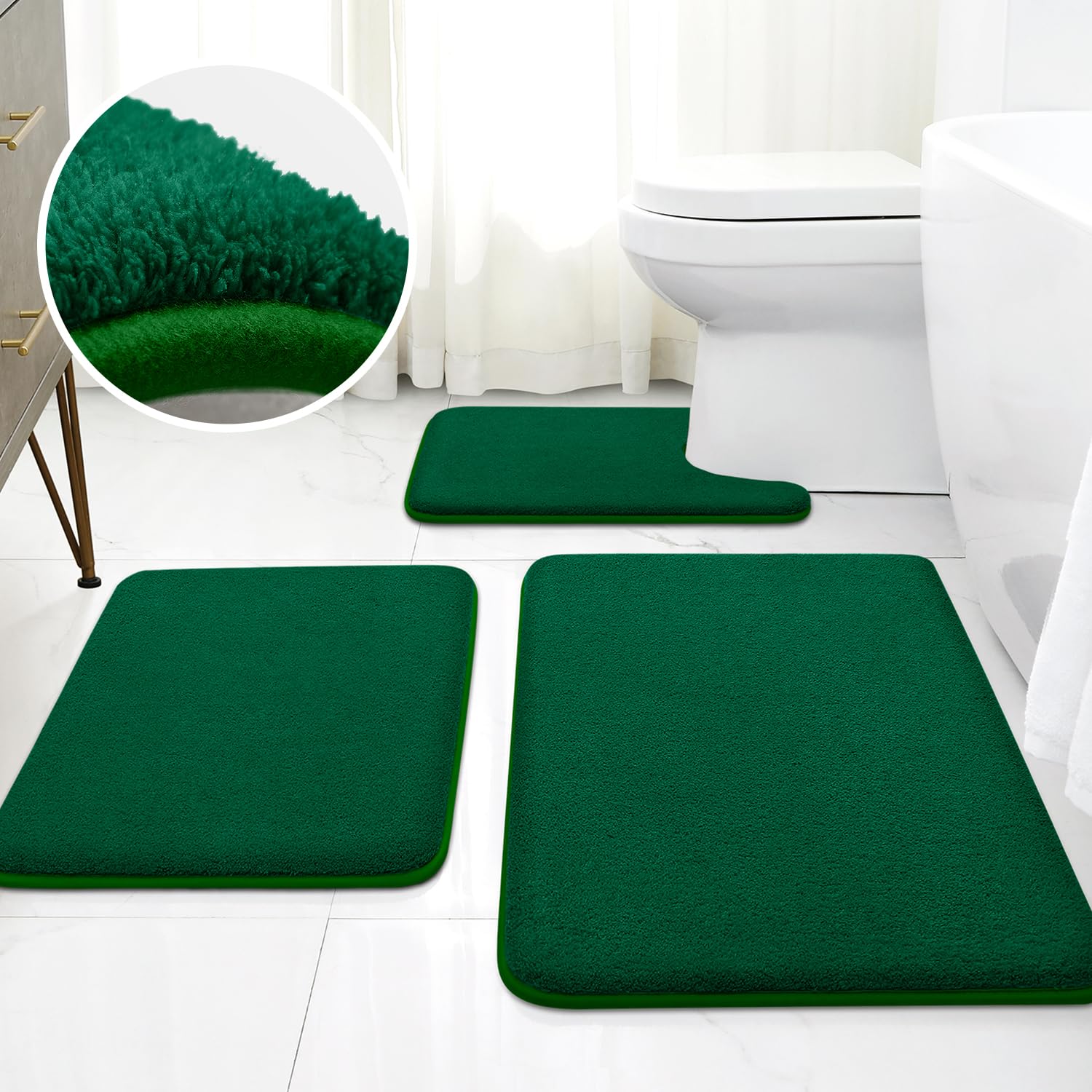 Homeideas Upgraded Bathroom Rugs Set 3 Piece, Extra Thick Absorbent Soft Memory Foam, Washable Toilet Bath Mat (Dark Green,17''X