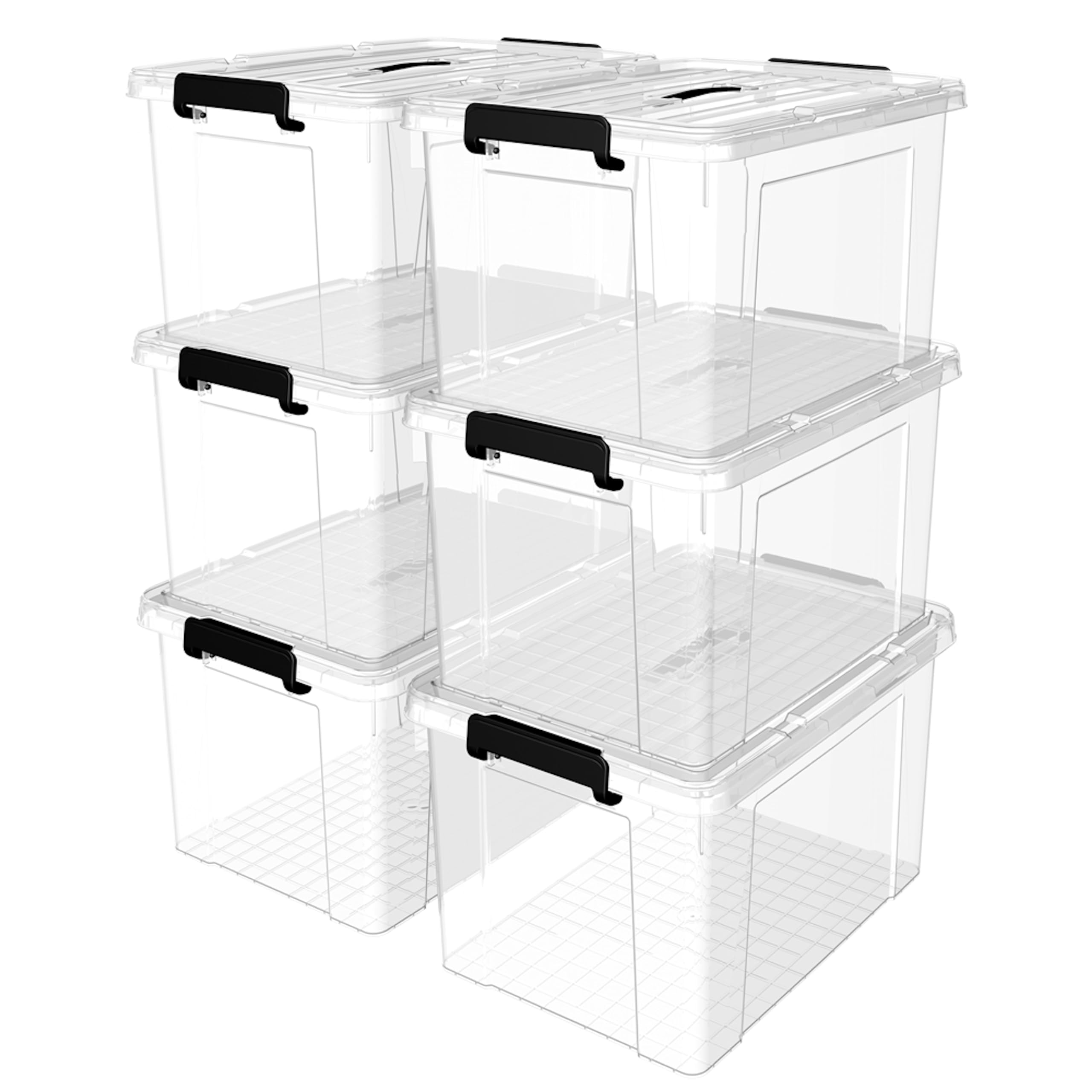 Cetomo Plastic Storage Bin Box Organizing Container With Lid And Secure Latching Buckles, Clear, 95Qt X 6, Pack Of 6